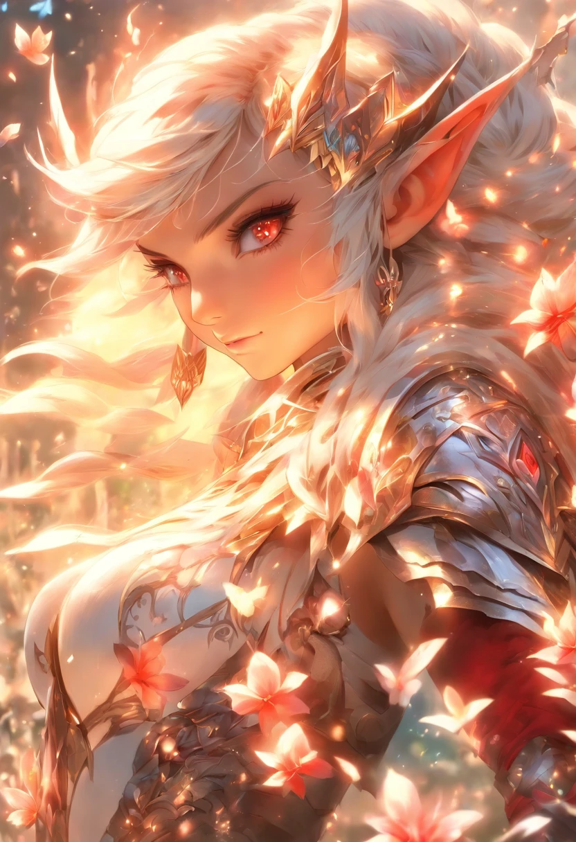 The most beautiful and sexy elf warrior princess, white hair, red eyes, wearing incredibly detailed battle armor, tons of tattoos and piercings, in the most beautiful enchanted kingdom, flower pedals and butterflies blowing in the wind, highly detailed background, perfect masterpiece, high quality, high resolution