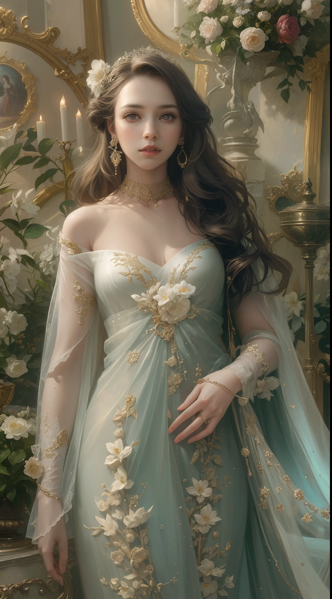 (Best quality,8K,A high resolution,Masterpiece:1.2),Ultra-detailed,(Realistic,Photorealistic,photo-realistic:1.37),Portrait,Creative style artwork,Historical,classical,Sophisticated,plethora of colors,Highly detailed,Soft lighting,luxurious environment,detailed gown,Vibrant flowers,detailed jewellery,Ethereal atmosphere,Elegant Pose,Graceful curves,Gold body proportions,Flowing hair,Breathtaking textile patterns,Harsh purple eyes,Delicate floral decoration,A dazzling array of crystal accessories,Mysterious and dreamy atmosphere,Impeccable attention to detail.