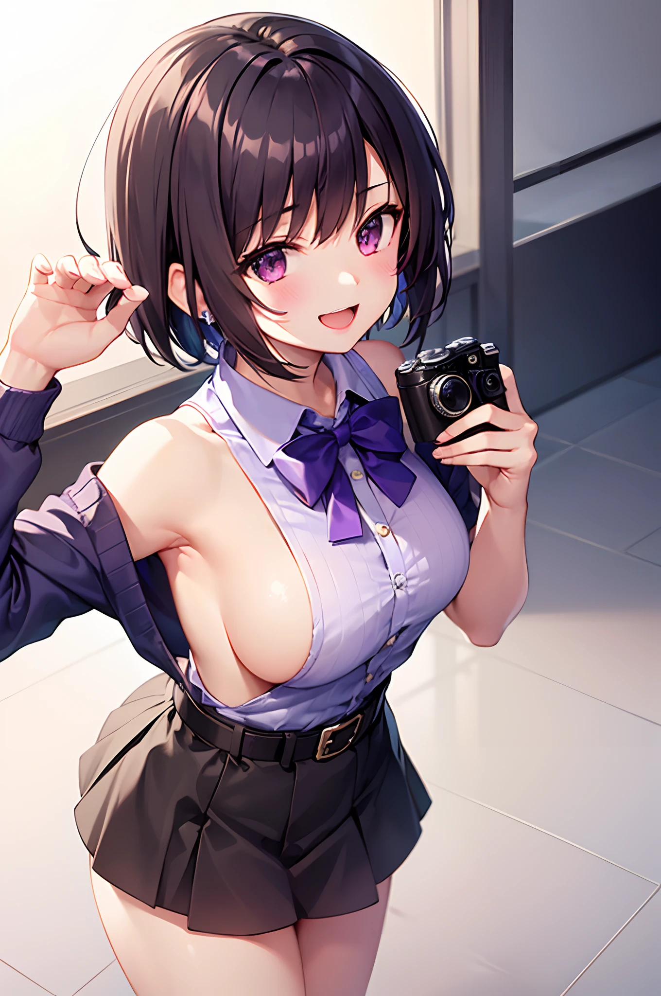 1girl, solo, from above, holding a camera, short hair, short bob hair, beautiful and cute pose,, armpit, side boob, joyful smile, bowtie, skirt, jewelry, belt, indoor, light purple shirt, neck ribbon, sleeveless, unbuttoned, cardigan, smug, :D, medium breasts
