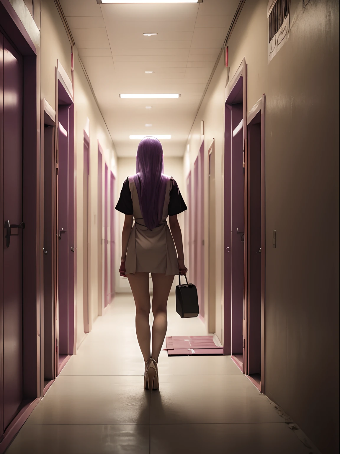 1girl, long light purple lilac hair, pov from behind, wearing very short sexy dirty beige bloody nurse uniform, wearing black high heels, dingy dirty hospital hallway, off white hallway, beige colored doors, dark hallway, holding large knife, dragging an axe, beige doors, horror, scary, ominous
