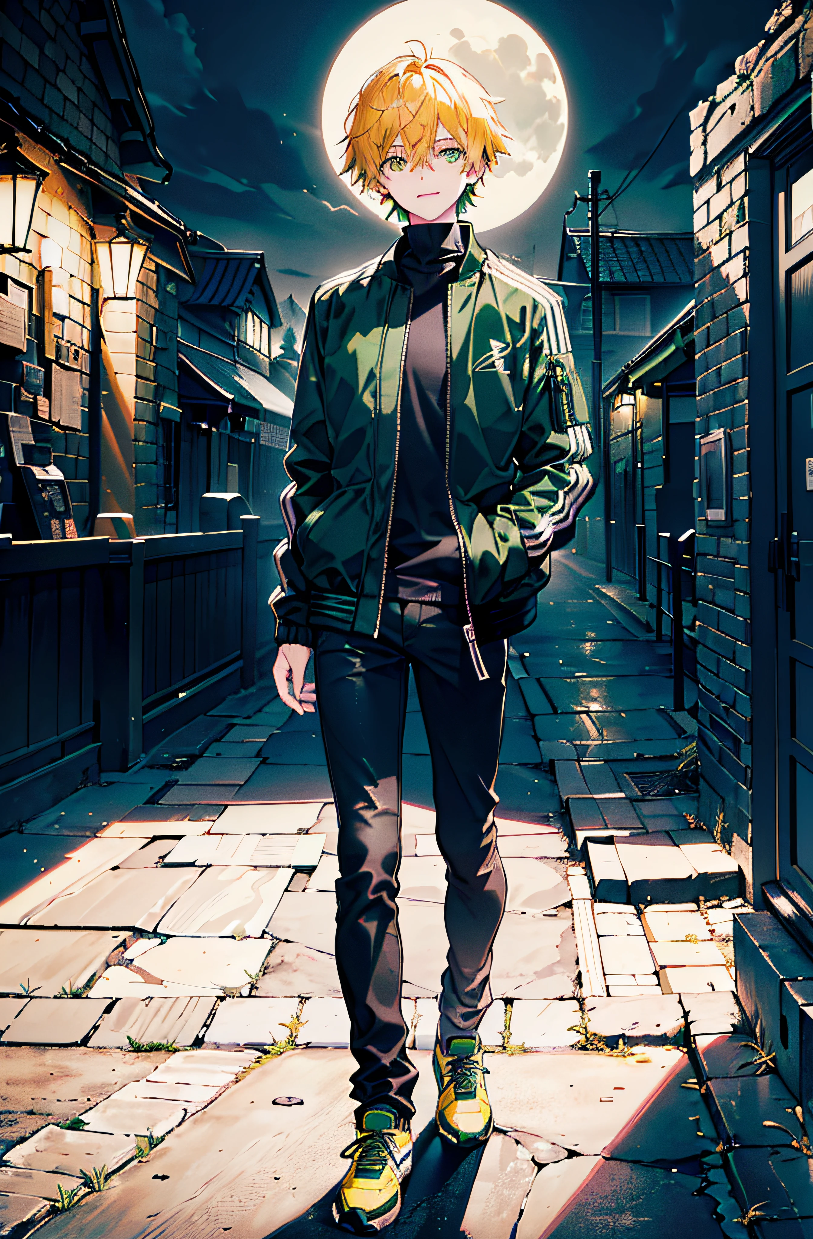 (1man with green jacket standing, black shirt:turtleneck, blue jeans, dark green jacket, bomber jacket, layered hairstyle, hair bangs, yellow hair, young man with green eyes, looking to his side, friendly smile, empty hands, white tennis), (beautiful, HD, ultrasharp, 8K, masterpiece)