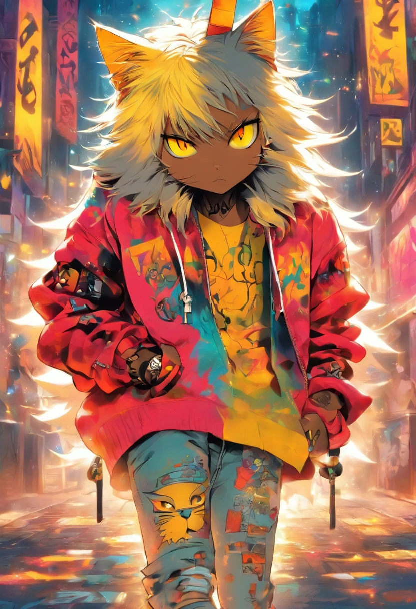 A cool and trendy cat, white hair, yellow eyes, wearing trendy hip hop clothing, wearing a hoodie, graphic t-shirt and torn jeans, tons of tattoos and piercings, graffiti style background, highly detailed background, perfect masterpiece, high quality, high resolution