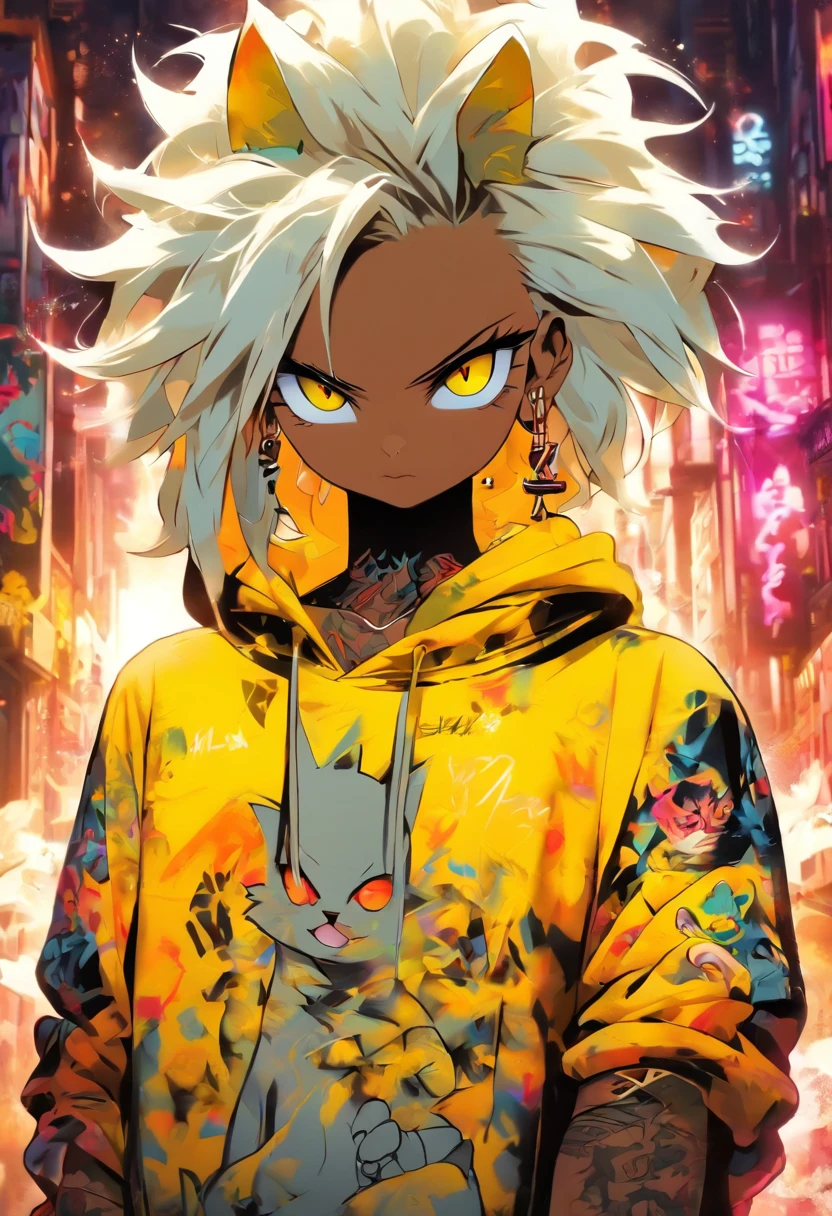 A cool and trendy cat, white hair, yellow eyes, wearing trendy hip hop clothing, wearing a hoodie, graphic t-shirt and torn jeans, tons of tattoos and piercings, graffiti style background, highly detailed background, perfect masterpiece, high quality, high resolution
