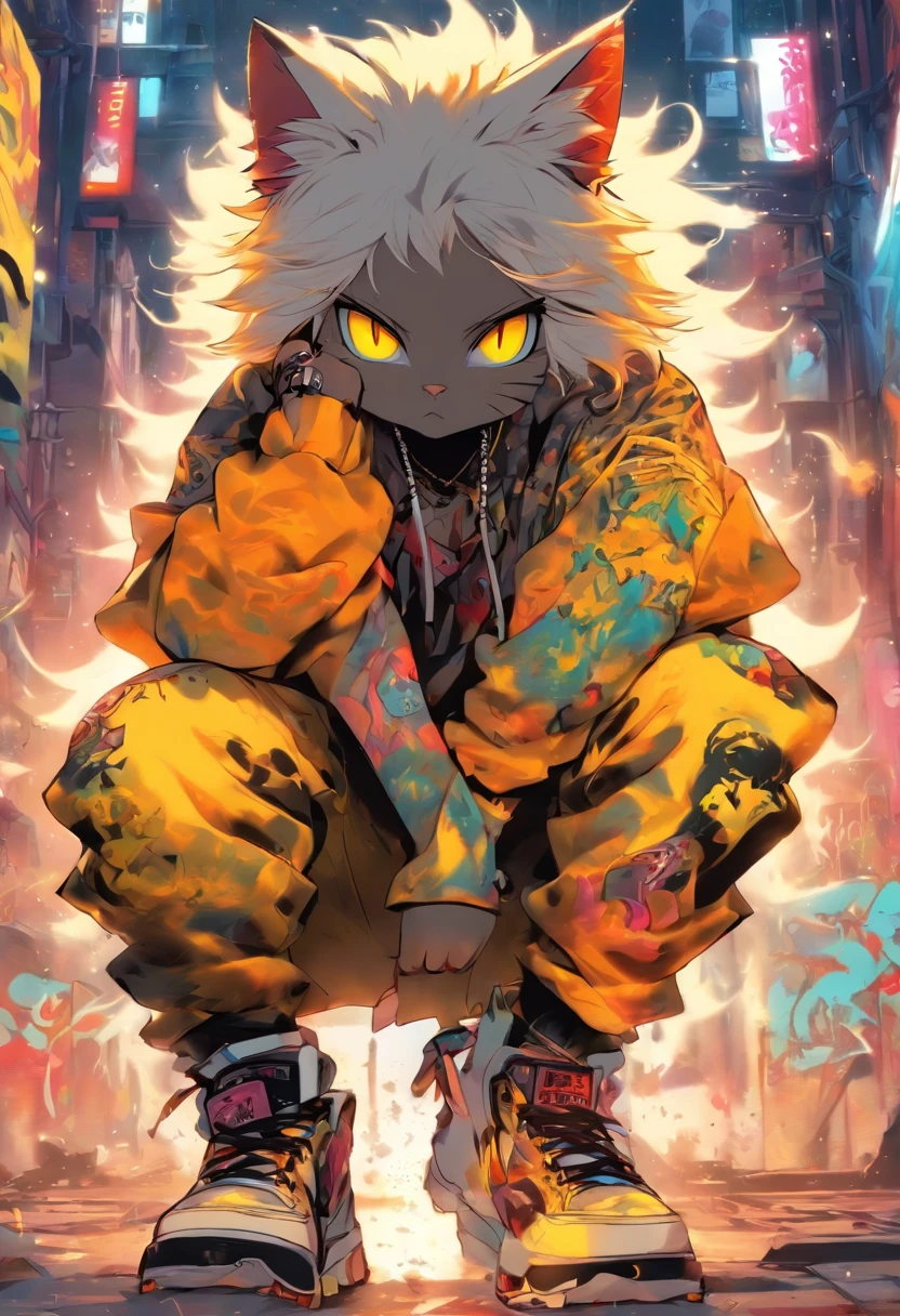 A cool and trendy cat, white hair, yellow eyes, wearing trendy hip hop clothing, wearing a hoodie, graphic t-shirt and torn jeans, tons of tattoos and piercings, graffiti style background, highly detailed background, perfect masterpiece, high quality, high resolution