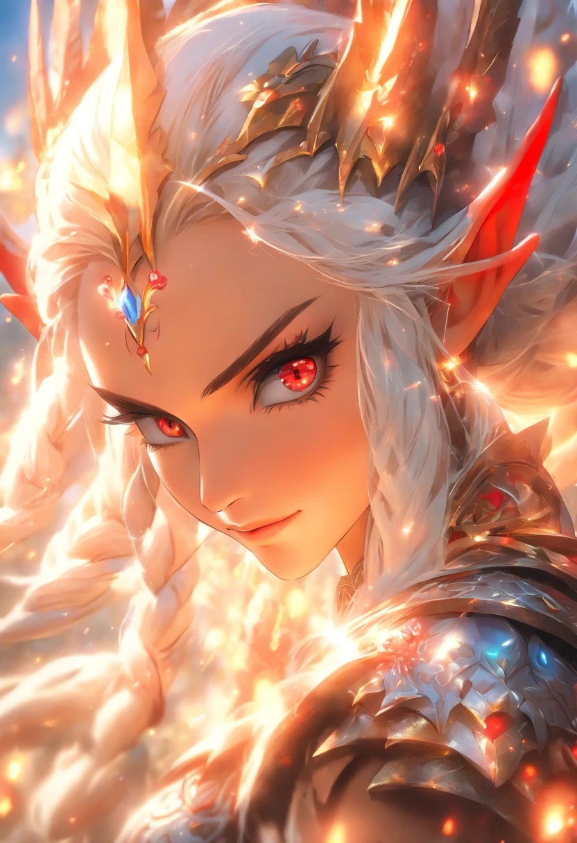 The most beautiful and sexy elf warrior princess, white hair, red eyes, wearing incredibly detailed battle armor, tons of tattoos and piercings, in the most beautiful enchanted kingdom,  flower pedals and butterflies blowing in the wind, highly detailed background, perfect masterpiece, high quality, high resolution