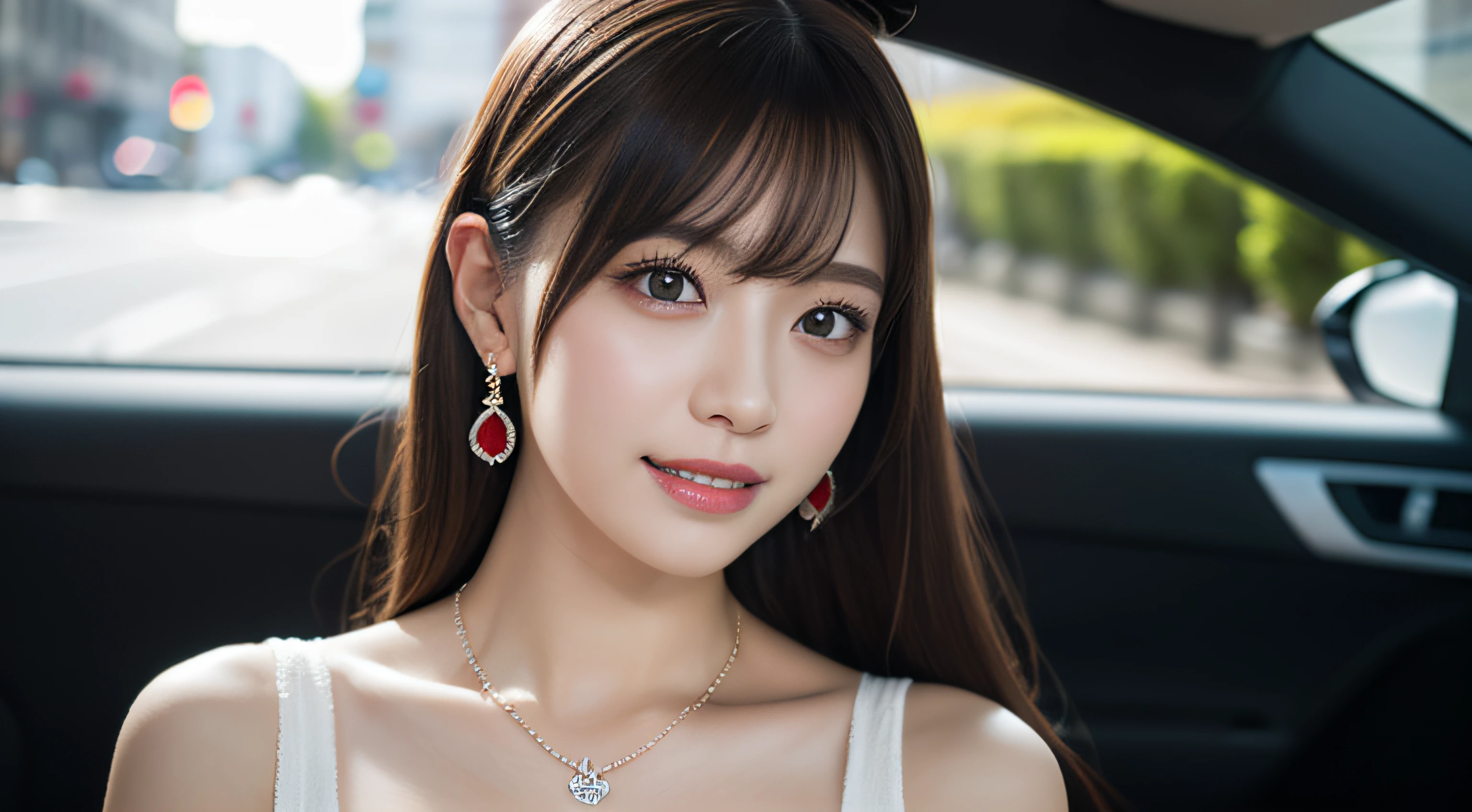 Best Quality, masutepiece, High resolution, 1girl in, Beautiful face, slenderbody、Hair Accessories,  Smiling, closes mouth, Beautiful lips, Dress, Hair Accessories, Necklaces, Jewelry, Long hair, earrings, Beautiful face, On the body, Tindall Effect, Realism, Driving a bright red convertible in the city、, Edge lighting, Two-tone lighting, (High Detail Skin: 1.2), 8K UHD, Digital SLR, Soft light, High quality, Volumetric lighting, Photo, high-definition4K, 8K, Blurred background