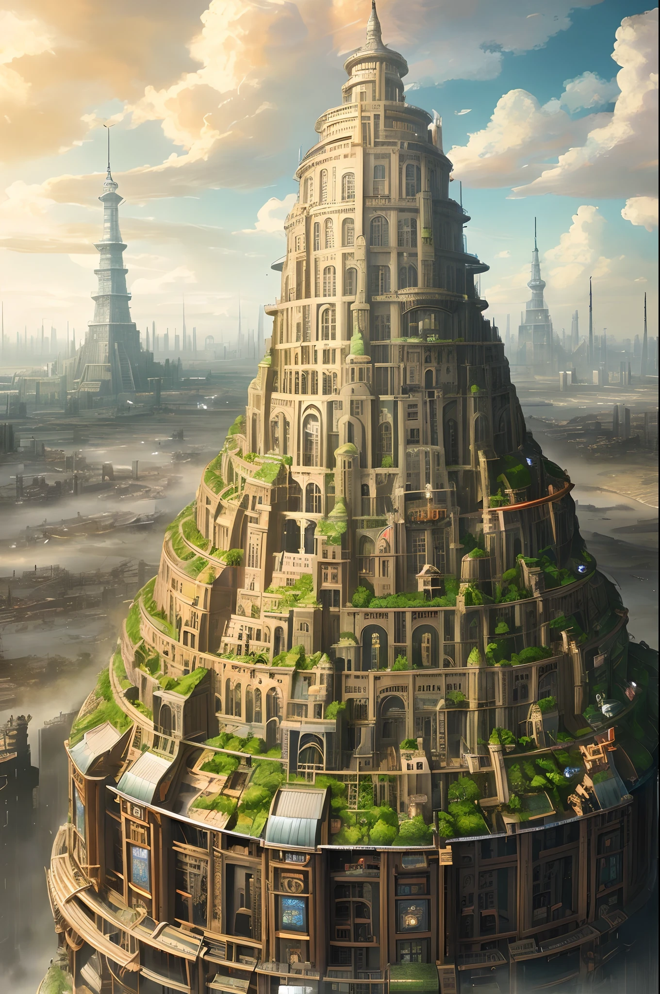 (((best quality))),(((ultra detailed))),(((masterpiece))), illustration, ((Tower of Babel)), A steam punk city full of copper-green buildings, Full shot photo of the most beautiful artwork in the world featuring steam punk city, intricate details, high resolution, trending on social media, Instagram-worthy, futuristic, industrial, mechanical, vintage, retro-futuristic, cyberpunk, trending on ArtStation, trending on CGSociety, sci-fi, adventure, mystery, excitement, trending on DeviantArt.