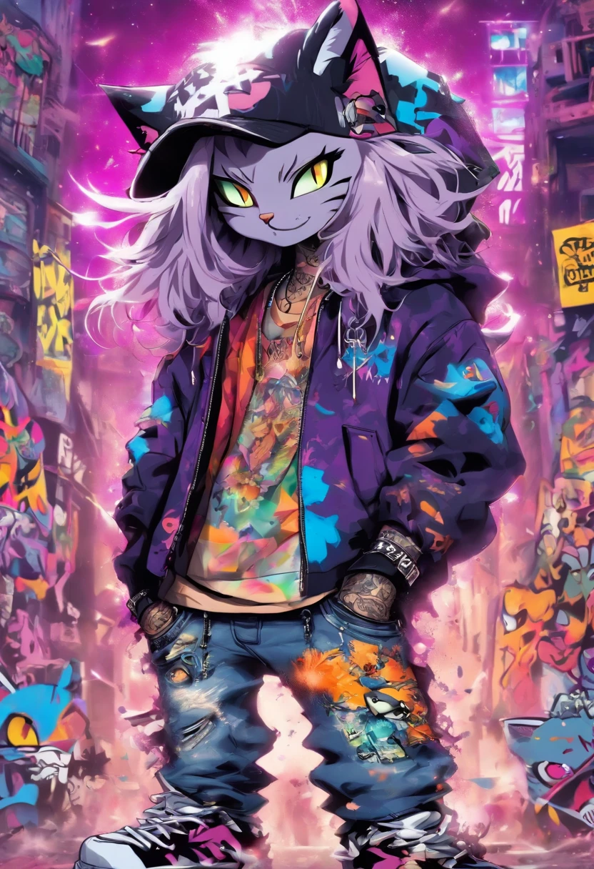 A cool and trendy cat, platinum hair, purple eyes, wearing trendy hip hop clothing, wearing a hoodie, graphic t-shirt and torn jeans, tons of tattoos and piercings, graffiti style background, highly detailed background, perfect masterpiece, high quality, high resolution