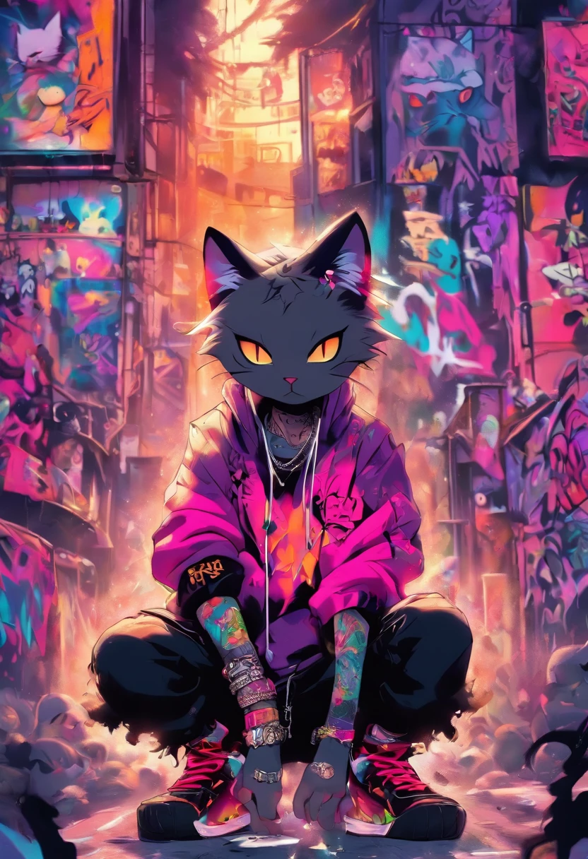 A cool and trendy cat, platinum hair, purple eyes, wearing trendy hip hop clothing, wearing a hoodie, graphic t-shirt and torn jeans, tons of tattoos and piercings, graffiti style background, highly detailed background, perfect masterpiece, high quality, high resolution