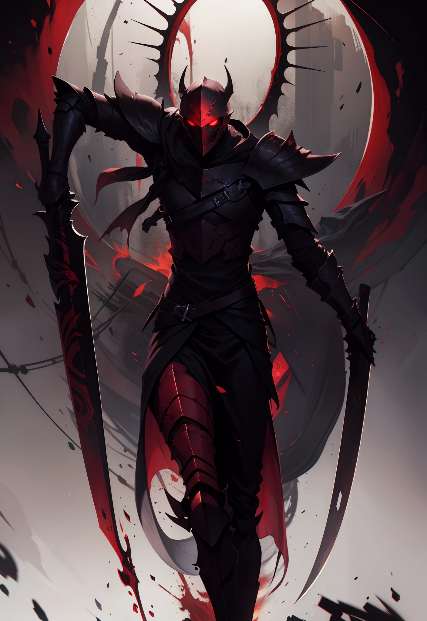 Hell Knight, in dark detailed armor, Detailed helmet, red glowing eyes.