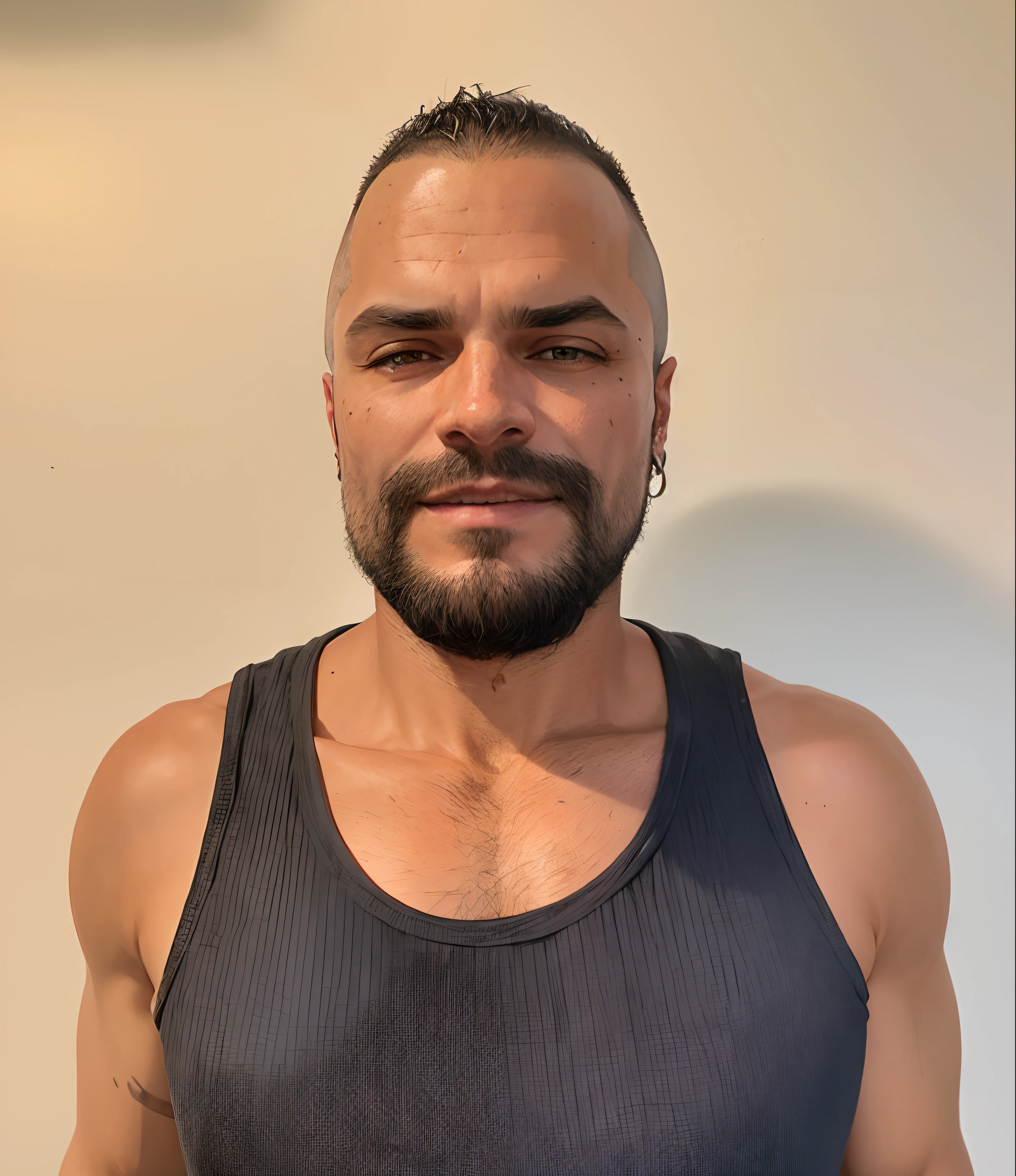 I'd like my photo transformed into a Witcher avatar. honey-colored eyes and short black hair. Hair shaved on the sides and tonned skin. Preserve the features from my face as much as possible. No necklaces. Using a silver circular earring on the left ear. Make me to be wearing a long sleeves old style black magician robe, with a predominant black color scheme