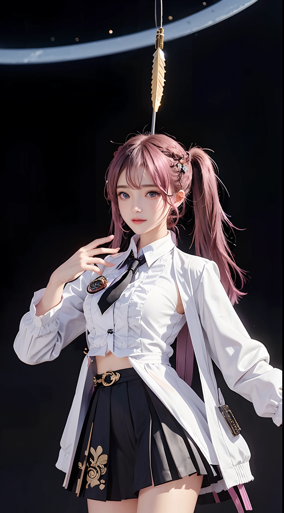 masterpiece、1 Beautiful Girl、A detailed face、A detailed eye、Detailed skin、Detailed hand、top-quality、Illuminated from the front with bright lighting、profetional lighting、Facing straight ahead、The background is a little blurry、The costumes are idol costumes like AKB48(Check short skirt、Jacket feather hair ornament、Cute tie)、Amazing smile、Background above live stage(Dancing)、
Some parts of the costume and hair ornament are pink、
Hairstyle is Twintails、
Age is 21 years old、
The right arm is spread wide、
The color of the eyeball is black、