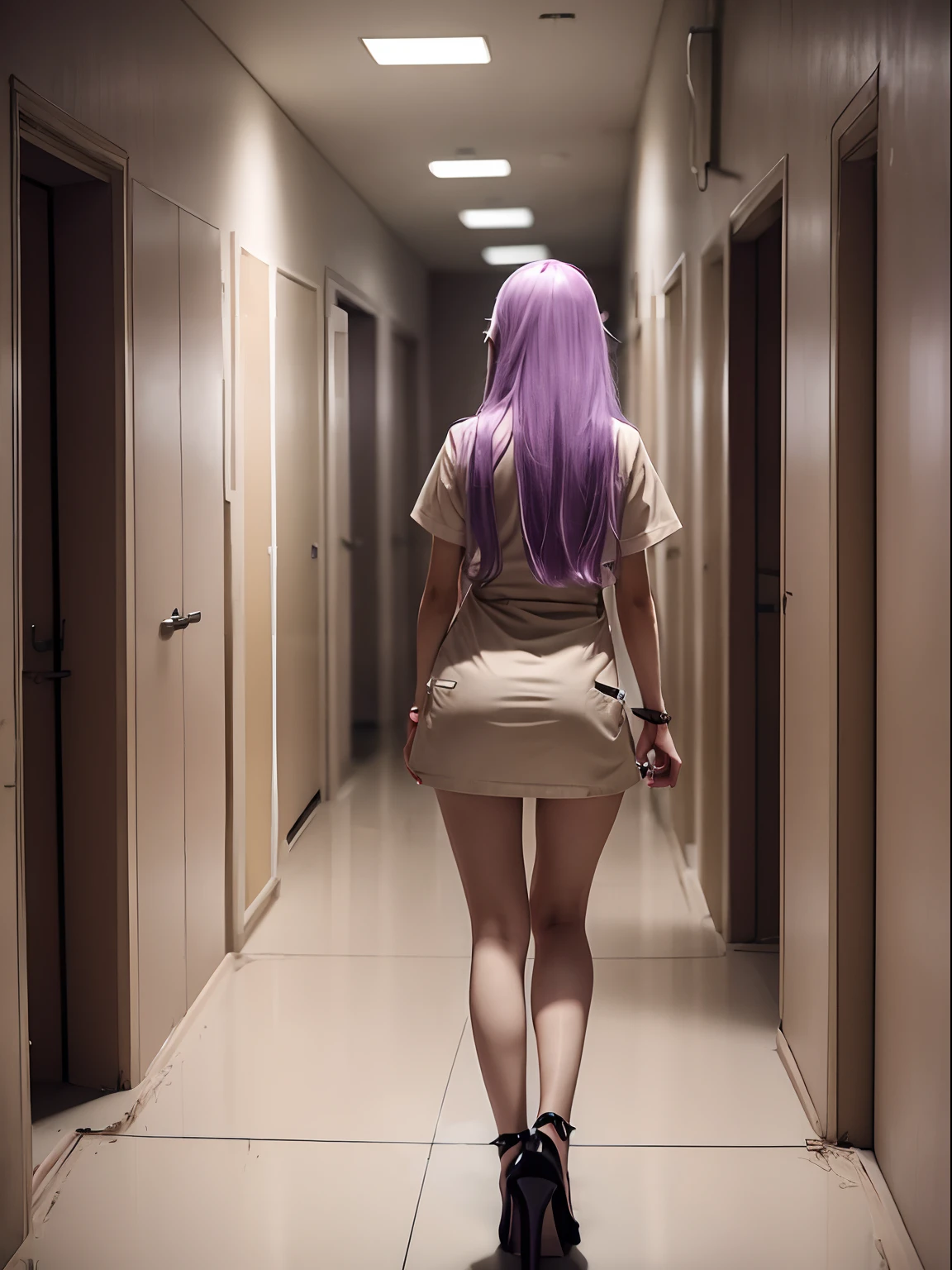 1girl, long light purple lilac hair, pov from behind, wearing very short sexy dirty beige bloody nurse uniform, wearing beige high heels, dingy dirty hospital hallway, off white hallway, beige colored doors, dark shadowed hallway, very close up, beige doors, horror, scary, ominous, dirty floor