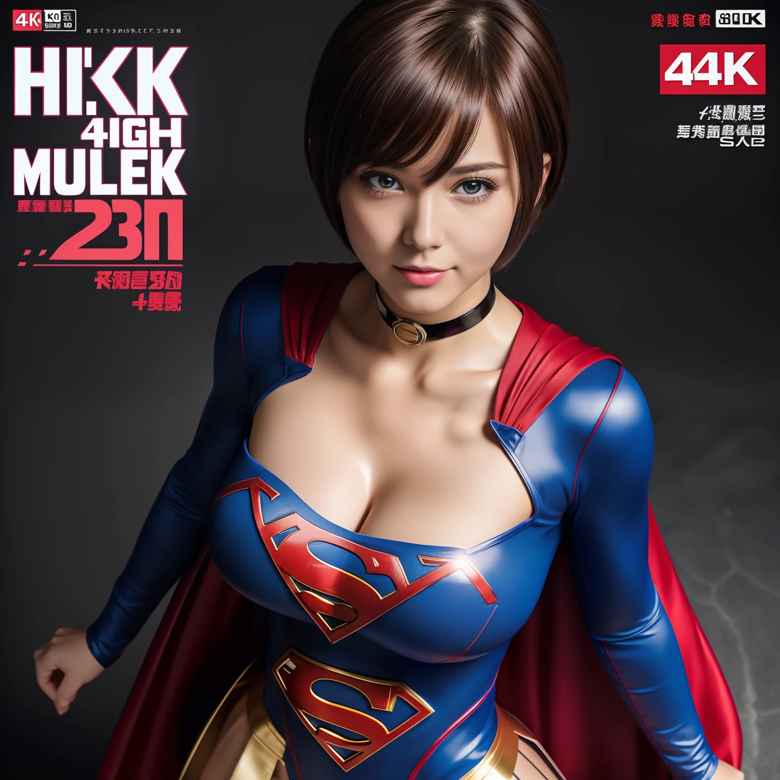 (Best Quality,4K,8K,hight resolution,masutepiece:1.2),Ultra-detailed,Realistic:1.37,Super masterpiece,Short-haired Supergirl、large full breasts、Looking at the camera、Glossy costume、a choker、Too short miniskirt、Weekly magazine cover、hposing Gravure Idol