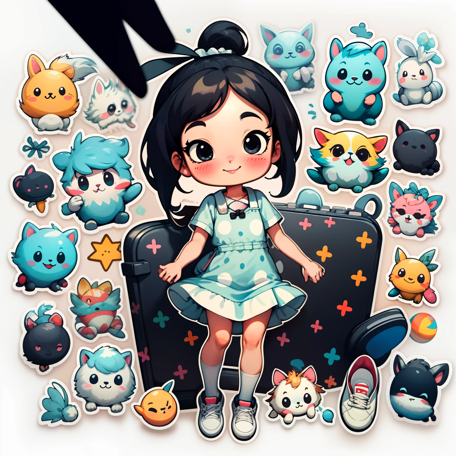 tchibi,1girll Black hair,Smiling,Smile,bow,Solo,White background,vestido,Walls,black eyes,full bodyesbian,simplebackground,White shoes,shoes,athletic sneakers ,Blush,argyle,Long double ponytail,bow ribbon.