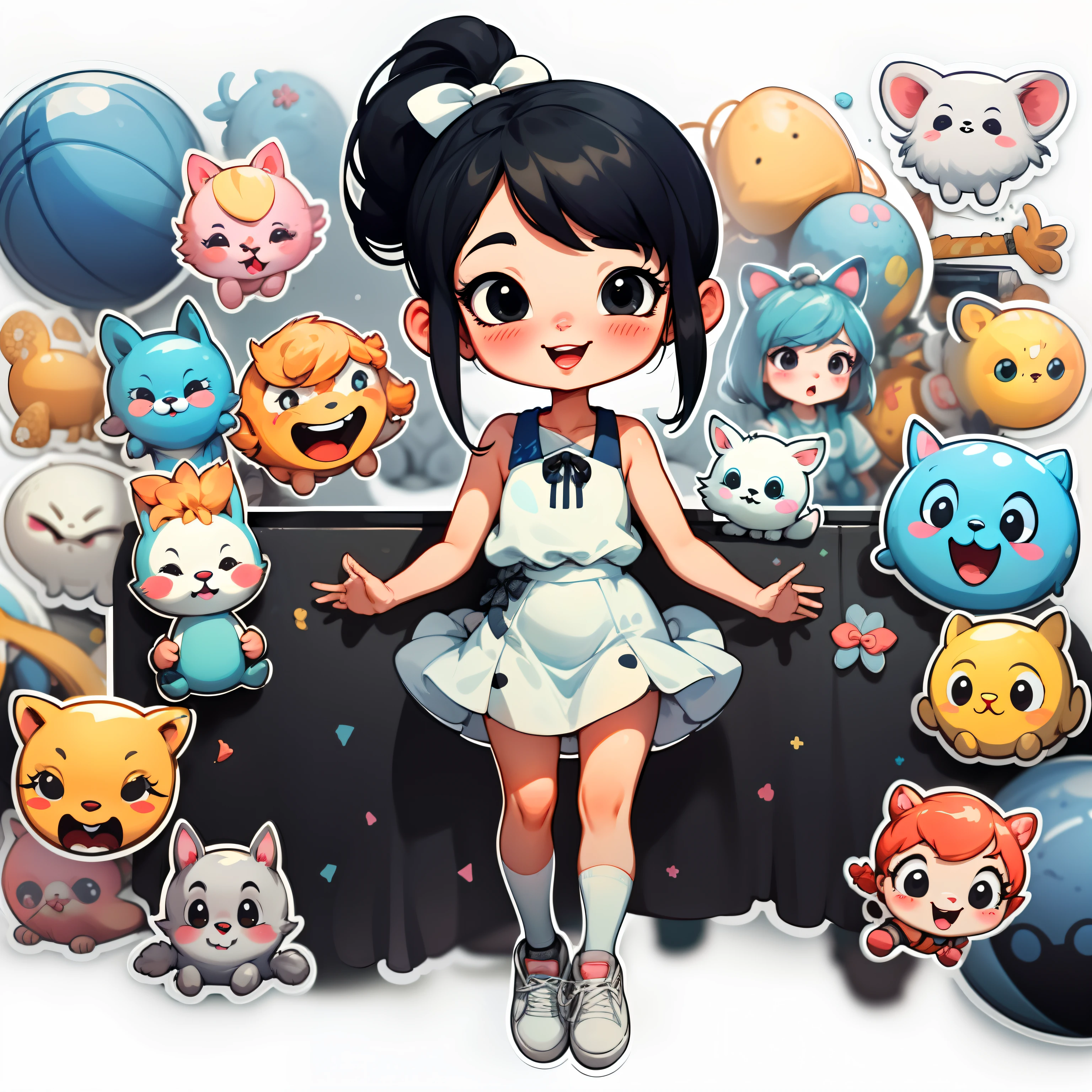 tchibi,1girll Black hair,Mouth open,Smile,bow,Solo,White background,vestido,Walls,black eyes,full bodyesbian,simplebackground,White shoes,shoes,athletic sneakers ,Blush,argyle,Long double ponytail,bow ribbon.