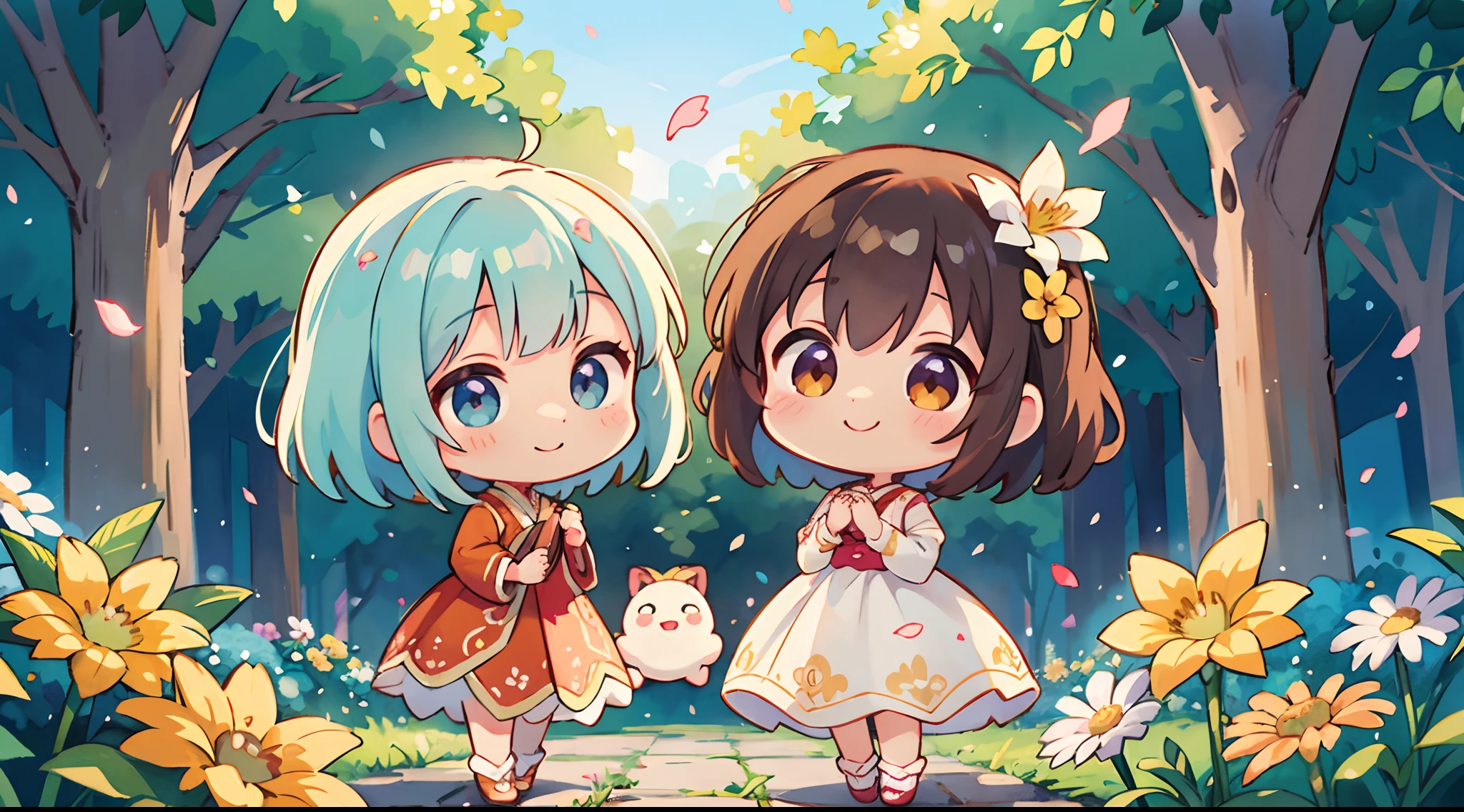 photoRealstic、Nendroids in wedding dress standing in front of the painting、heart pattern in eyes、Smile、watercolor Nendoroid、(High Definition Figure)、Flowing iridescent silk、up of face、Eye Up、Floral dress、There are also flowers in front of the nendroids、flower petals、season!!: 夏天☀ 🍂