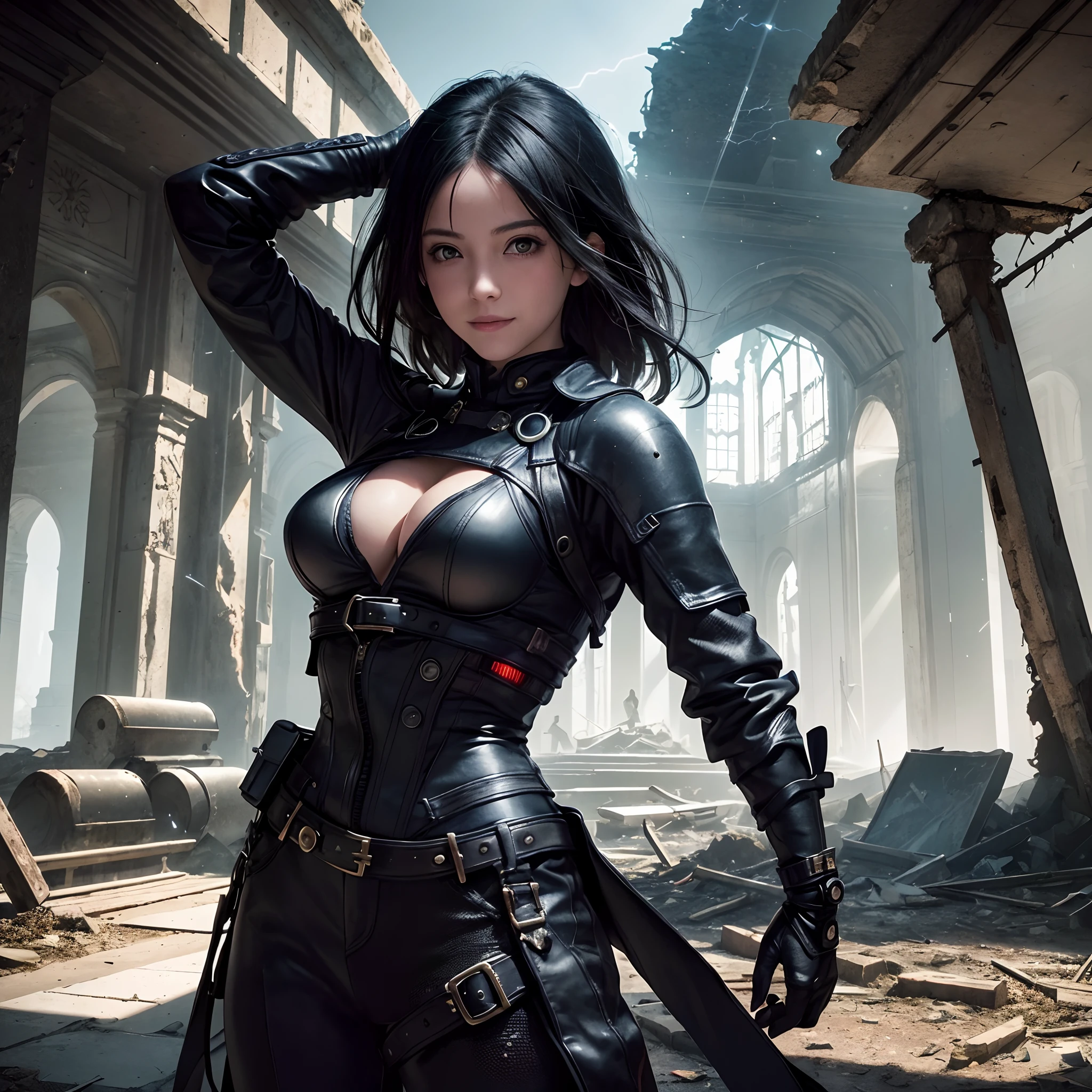 Photo, Photorealistic, Dark, Twilight, masutepiece, Super Detail, High quality, awardwinning, 8K, Horror, girl, Solo, Smile, Clothing made of metal material, Futuristic fashion, In an abandoned castle, Remains of buildings, (Ruins), In Europe, Lightning, thunder