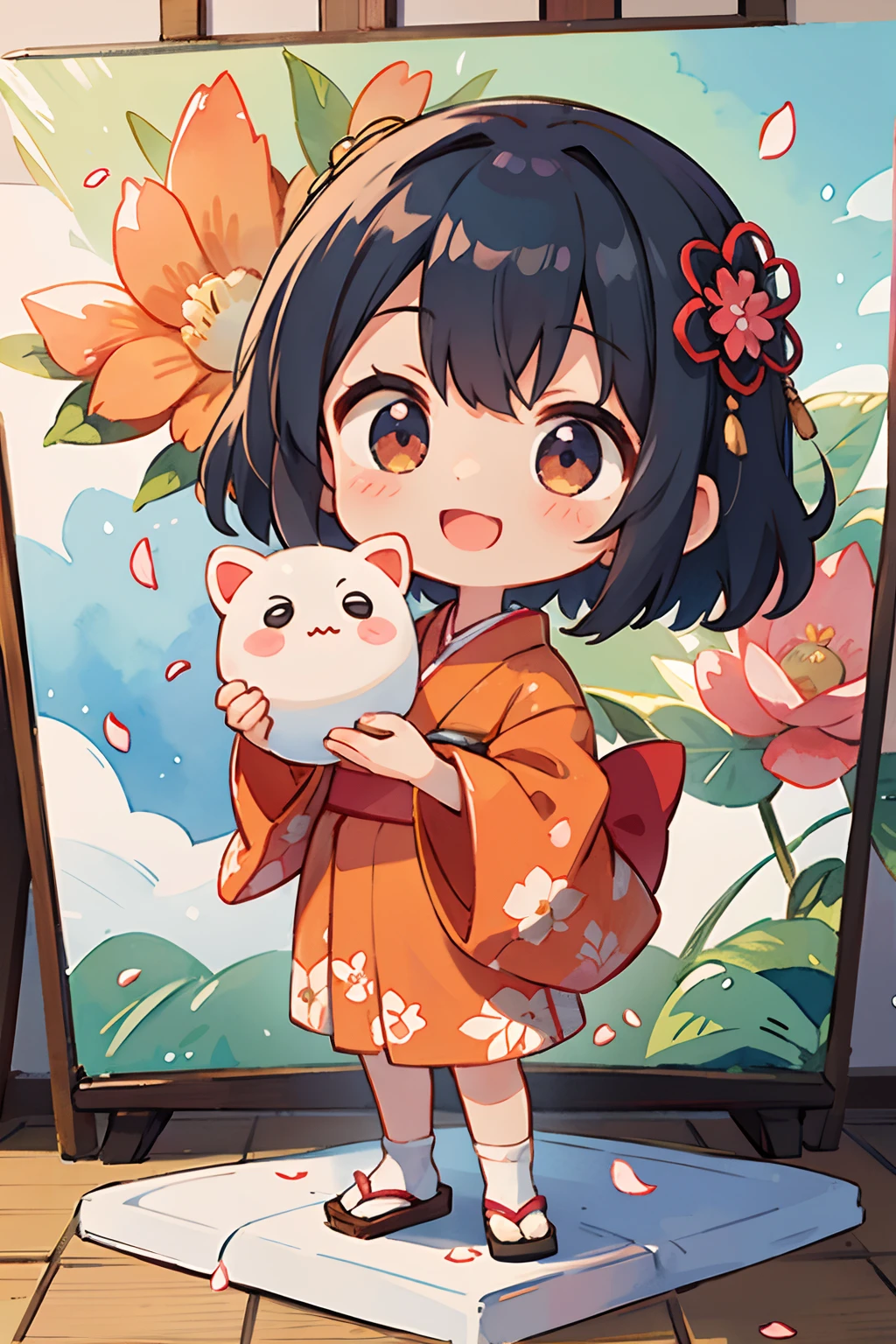 photoRealstic、Nedroid in wedding dress arranged in kimono standing in front of the painting、Open mouth and big smile、watercolor Nendoroid、(High Definition Figure)、Flowing iridescent silk、up of face、Eye Up、Eyes are hearts、Floral dress、wave her hand、There are also flowers in front of the nendroids、flower petals、season!!: 夏天☀ 🍂