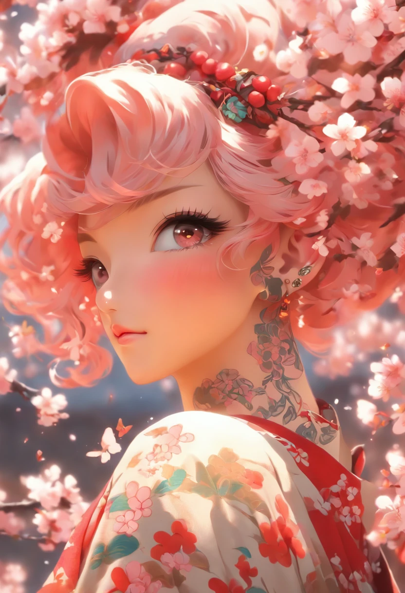 The most beautiful and sexy cherry blossom goddess, pink hair, red eyes, wearing the most beautiful and highly detailed kimono, tons of tattoos and piercings, cherry blossoms and butterflies blowing in the wind, highly detailed background, perfect masterpiece, high quality, high resolution