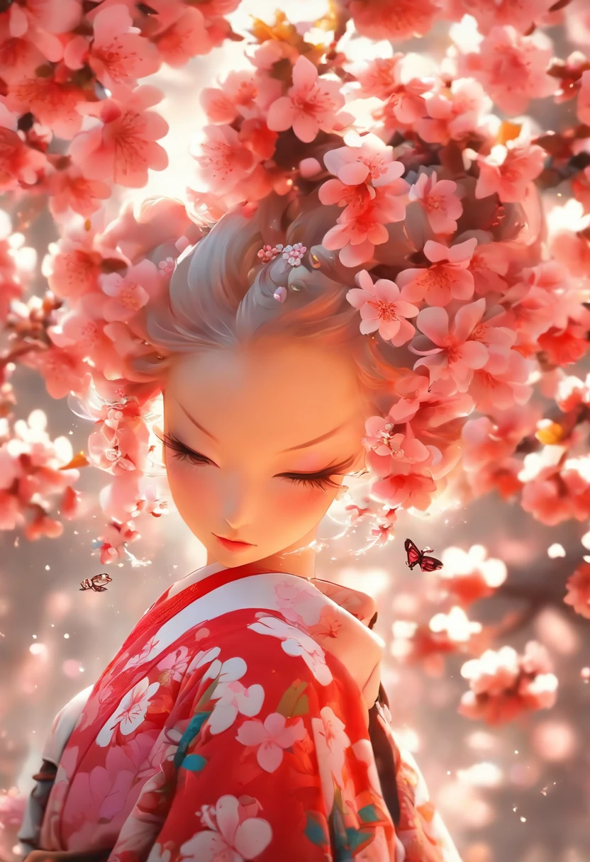 The most beautiful and sexy cherry blossom goddess, pink hair, red eyes, wearing the most beautiful and highly detailed kimono, tons of tattoos and piercings, cherry blossoms and butterflies blowing in the wind, highly detailed background, perfect masterpiece, high quality, high resolution