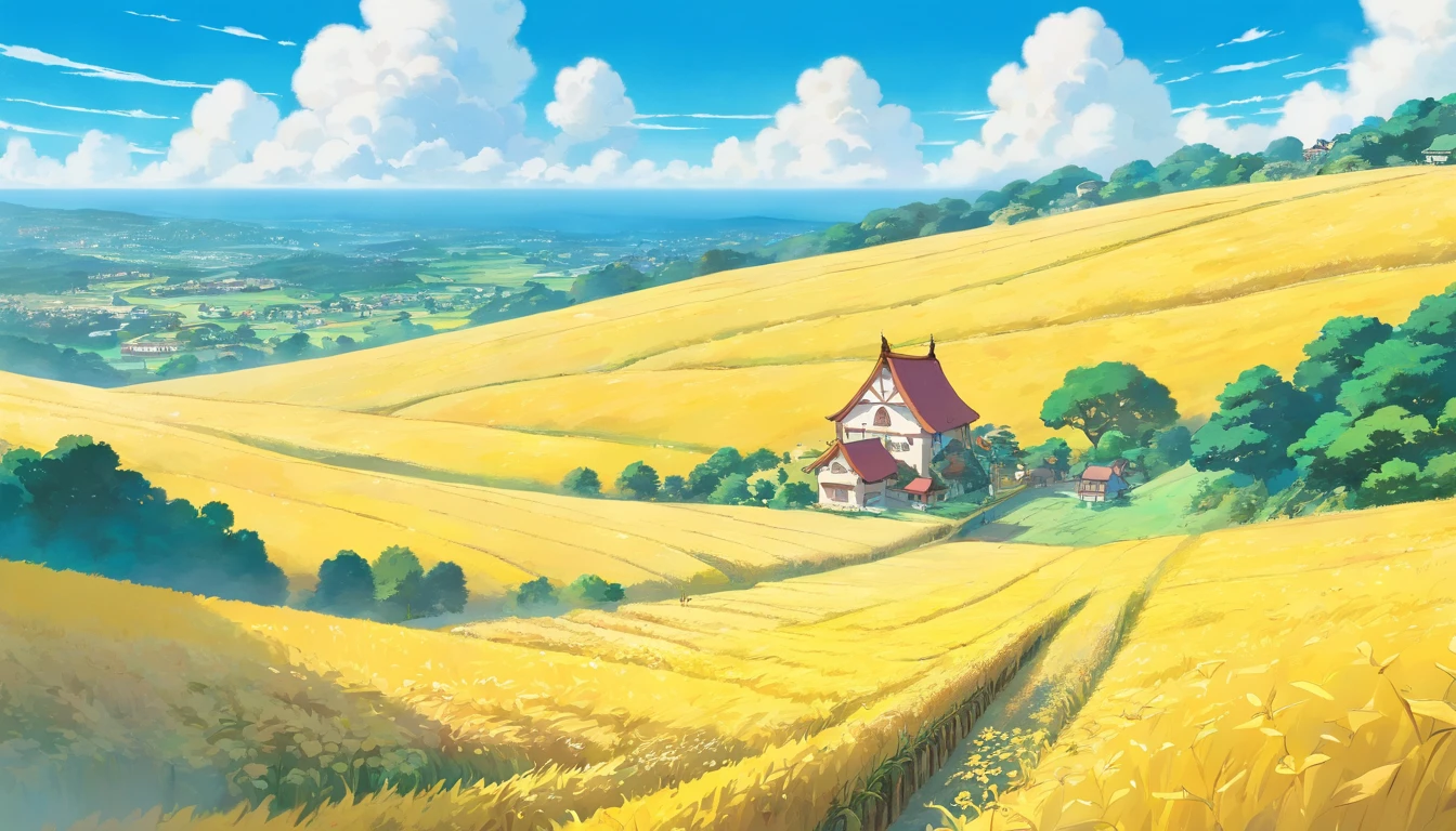 Clear sky with white clouds,Below are golden fields