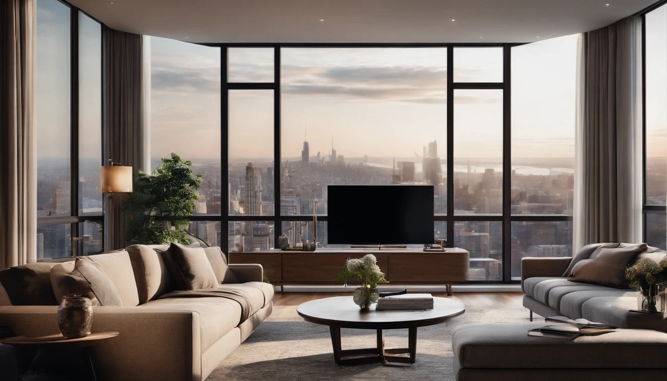 A modern living room with large windows and a view:
Design a contemporary living room with large windows, stylish furniture, and a view of the city skyline or nature. 8k wallpaper
