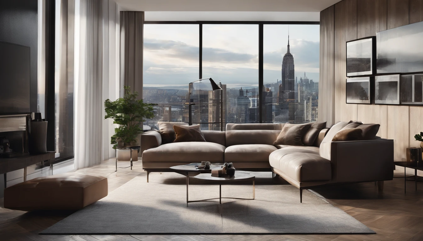 A modern living room with large windows and a view:

Design a contemporary living room with large windows, stylish furniture, and a view of the city skyline or nature. 8k wallpaper