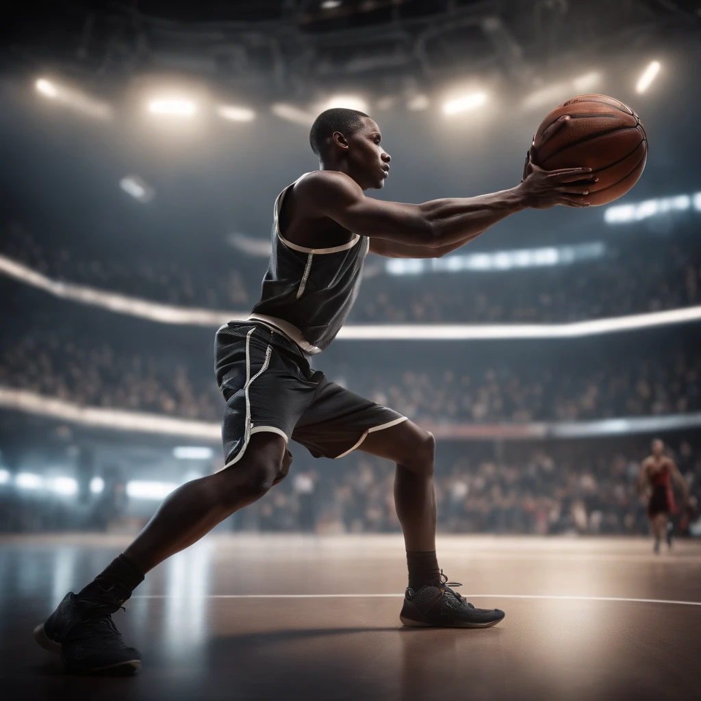 epic light,high details, high detailed mechanical hands, perfect body, young basketball player, futuristic arena, photorealistic of the highest quality, Mechanical limbs, Tubes attached to mechanical parts, Mechanical vertebrae attached to the spine, mechanical cervical