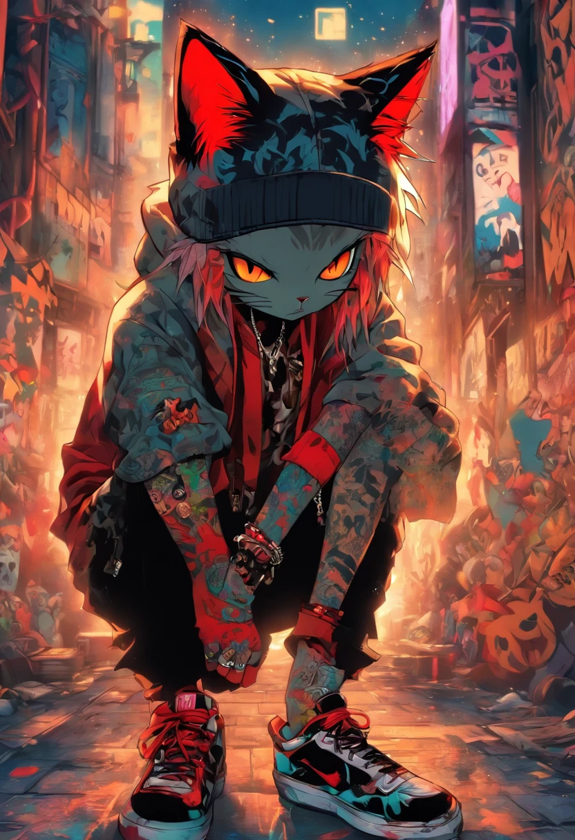 A cool and trendy cat, platinum hair, red eyes, wearing trendy hip hop clothing, wearing a hoodie, graphic t-shirt and torn jeans, tons of tattoos and piercings, graffiti style background, highly detailed background, perfect masterpiece, high quality, high resolution