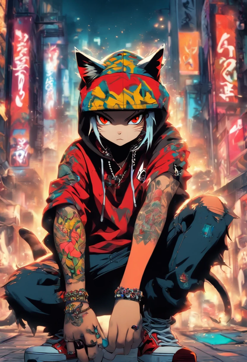 A cool and trendy cat, platinum hair, red eyes, wearing trendy hip hop clothing, wearing a hoodie, graphic t-shirt and torn jeans, tons of tattoos and piercings, graffiti style background, highly detailed background, perfect masterpiece, high quality, high resolution
