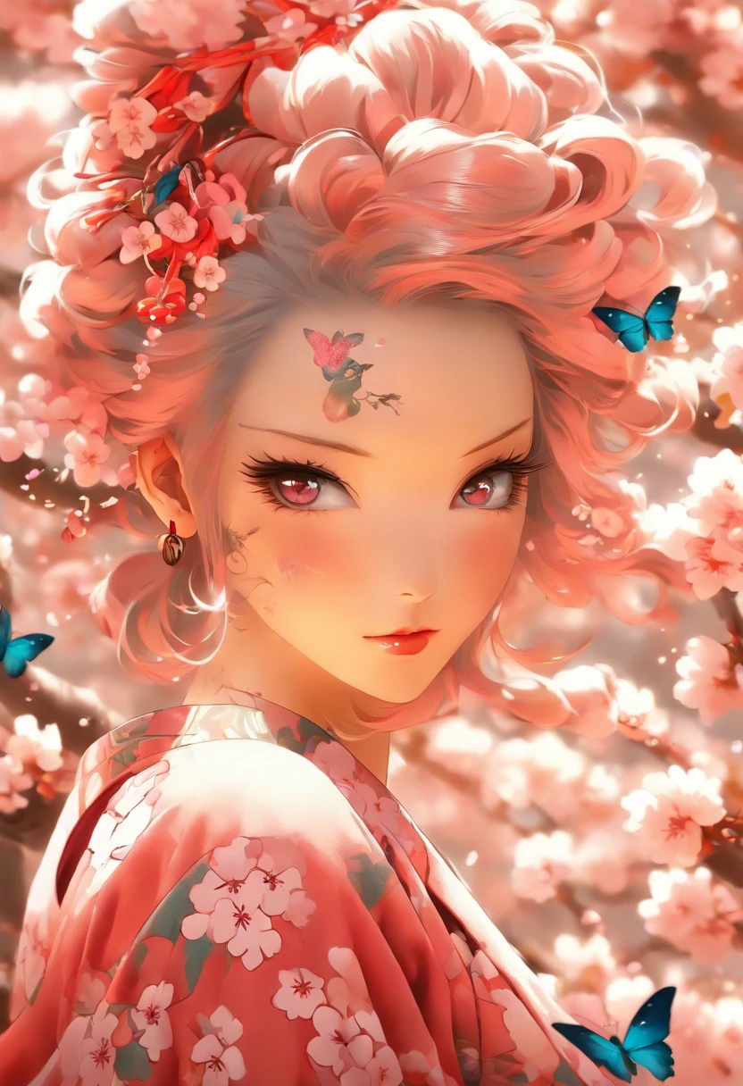 The most beautiful and sexy cherry blossom goddess, pink hair, red eyes, wearing the most beautiful and highly detailed kimono, tons of tattoos and piercings, cherry blossoms and butterflies blowing in the wind, highly detailed background, perfect masterpiece, high quality, high resolution