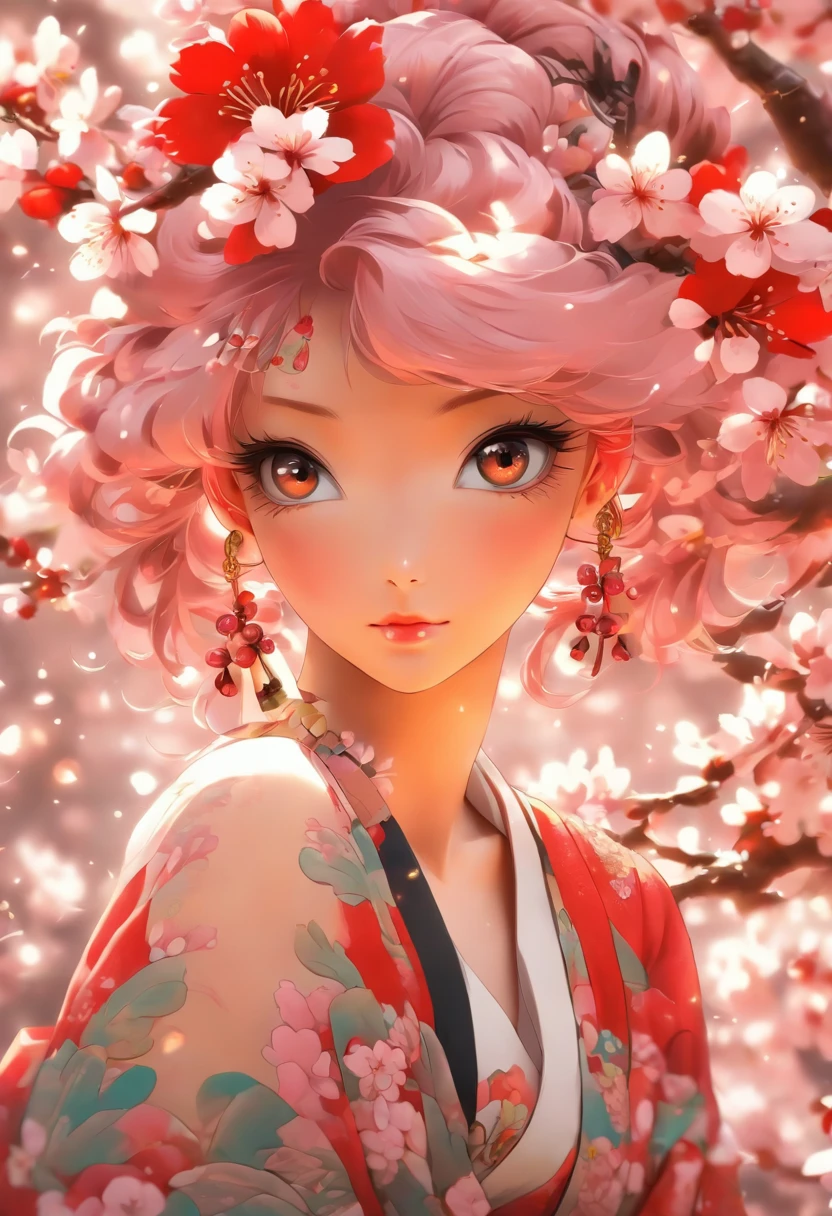 The most beautiful and sexy cherry blossom goddess, pink hair, red eyes, wearing the most beautiful and highly detailed kimono, tons of tattoos and piercings, cherry blossoms and butterflies blowing in the wind, highly detailed background, perfect masterpiece, high quality, high resolution