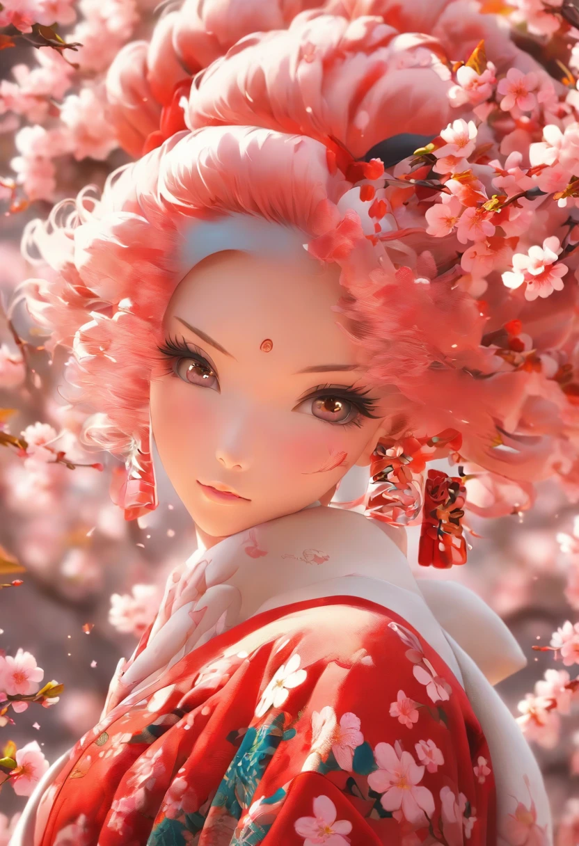 The most beautiful and sexy cherry blossom goddess, pink hair, red eyes, wearing the most beautiful and highly detailed kimono, tons of tattoos and piercings, cherry blossoms and butterflies blowing in the wind, highly detailed background, perfect masterpiece, high quality, high resolution