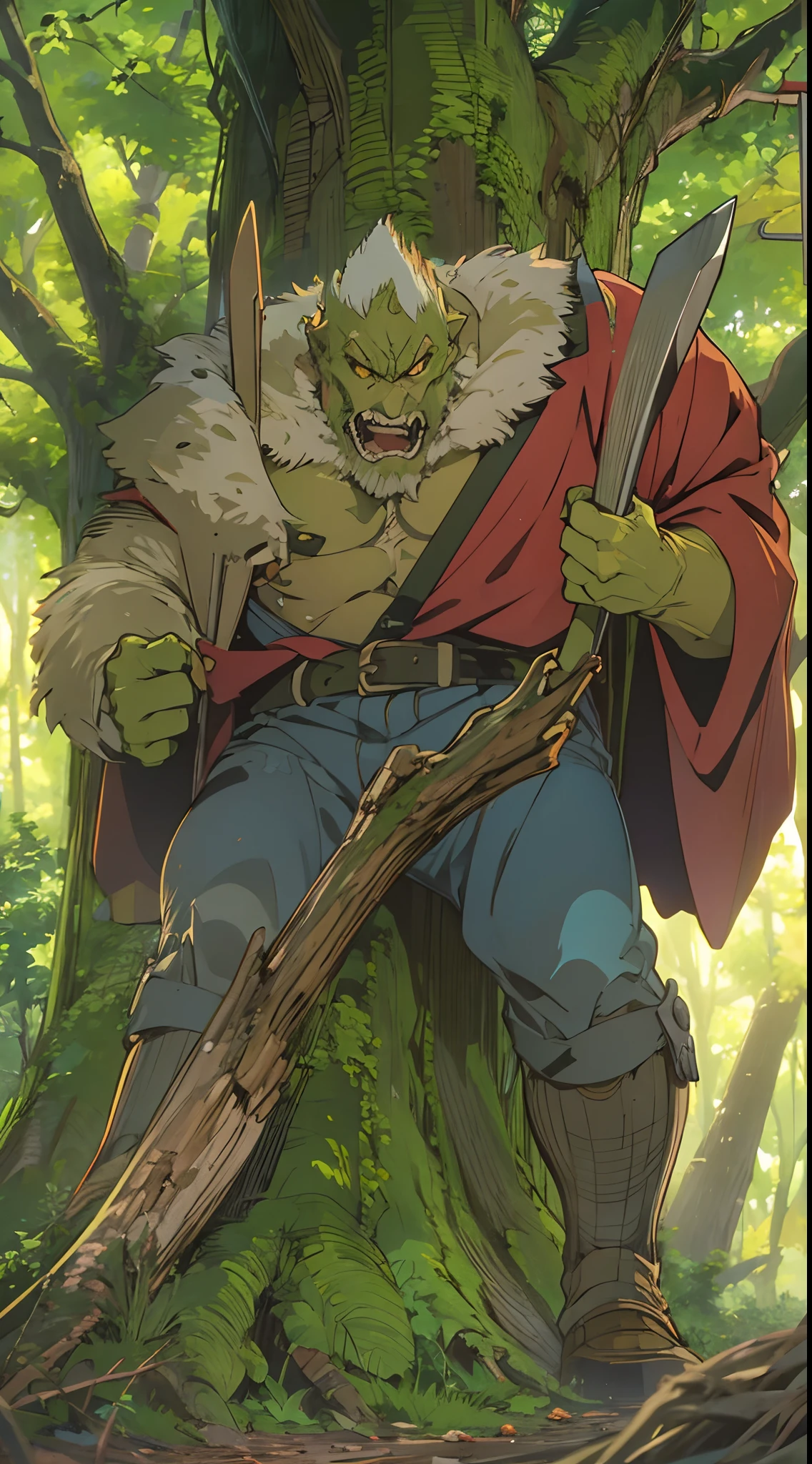 90's anime, big, strong, old god with forest man suit chopping down a tree with a big red axe, bright yellow eyes