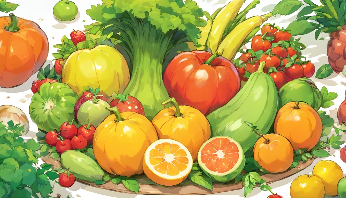 Delicate vegetables and fruits are presented in the middle of the frame，white backgrounid，Vector illustration