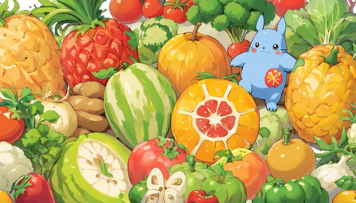 Delicate vegetables and fruits are presented in the middle of the frame,white backgrounid,Vector illustration