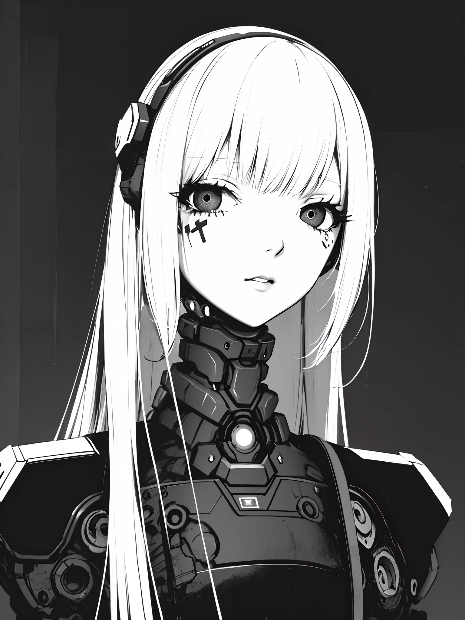 cyborg girl portrait, dim light, ((heavy black and white))