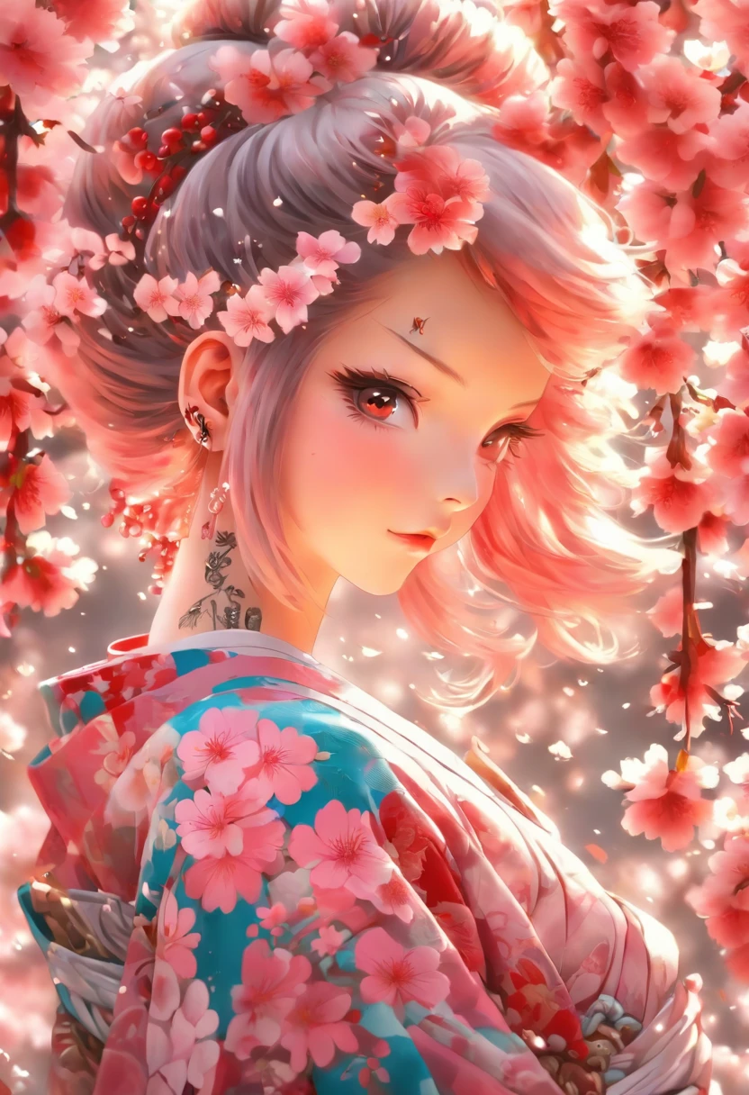 The most beautiful and sexy cherry blossom goddess, pink hair, red eyes, wearing the most beautiful and highly detailed kimono, tons of tattoos and piercings, cherry blossoms and butterflies blowing in the wind, highly detailed background, perfect masterpiece, high quality, high resolution