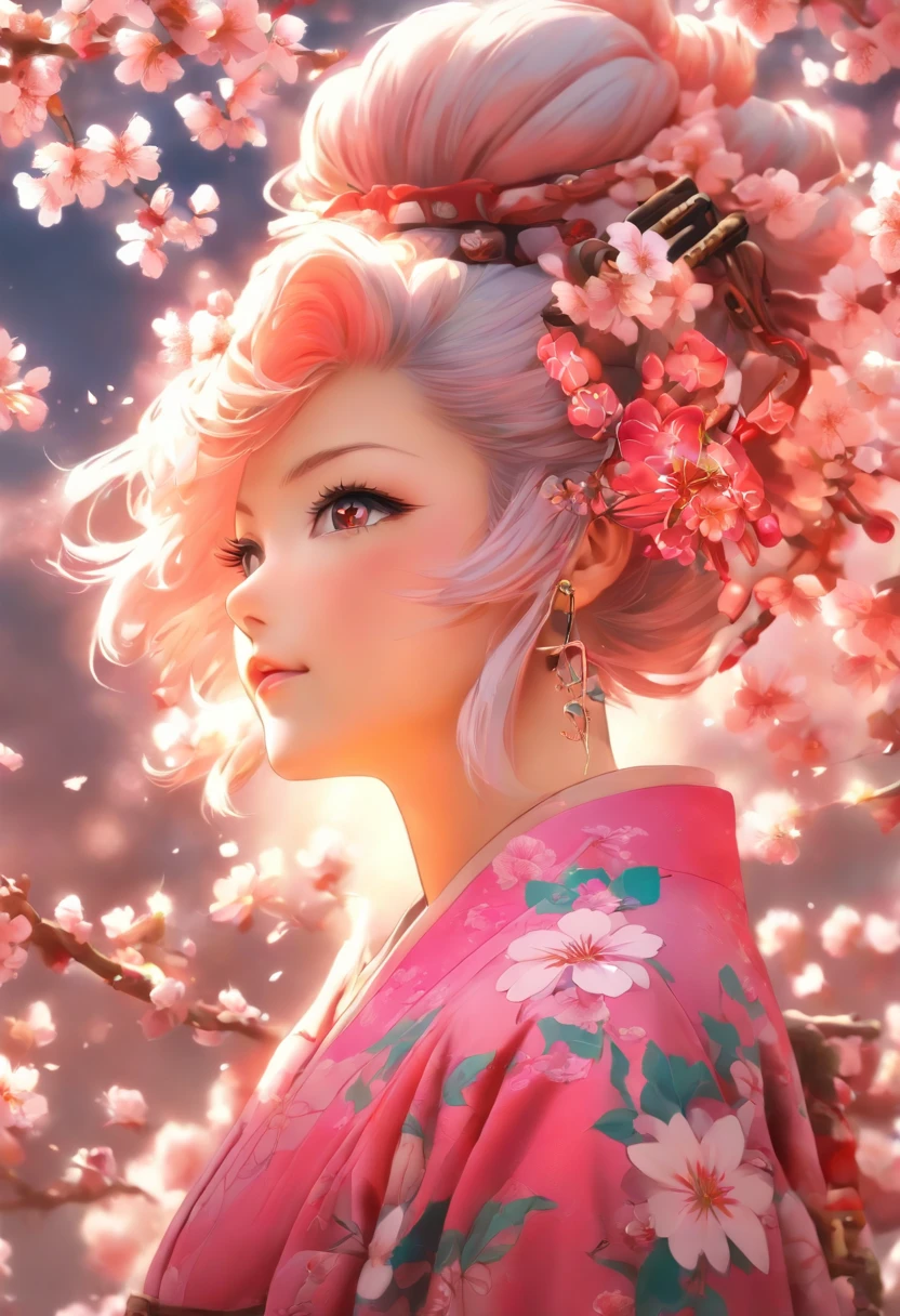 The most beautiful and sexy cherry blossom goddess, pink hair, red eyes, wearing the most beautiful and highly detailed kimono, tons of tattoos and piercings, cherry blossoms and butterflies blowing in the wind, highly detailed background, perfect masterpiece, high quality, high resolution