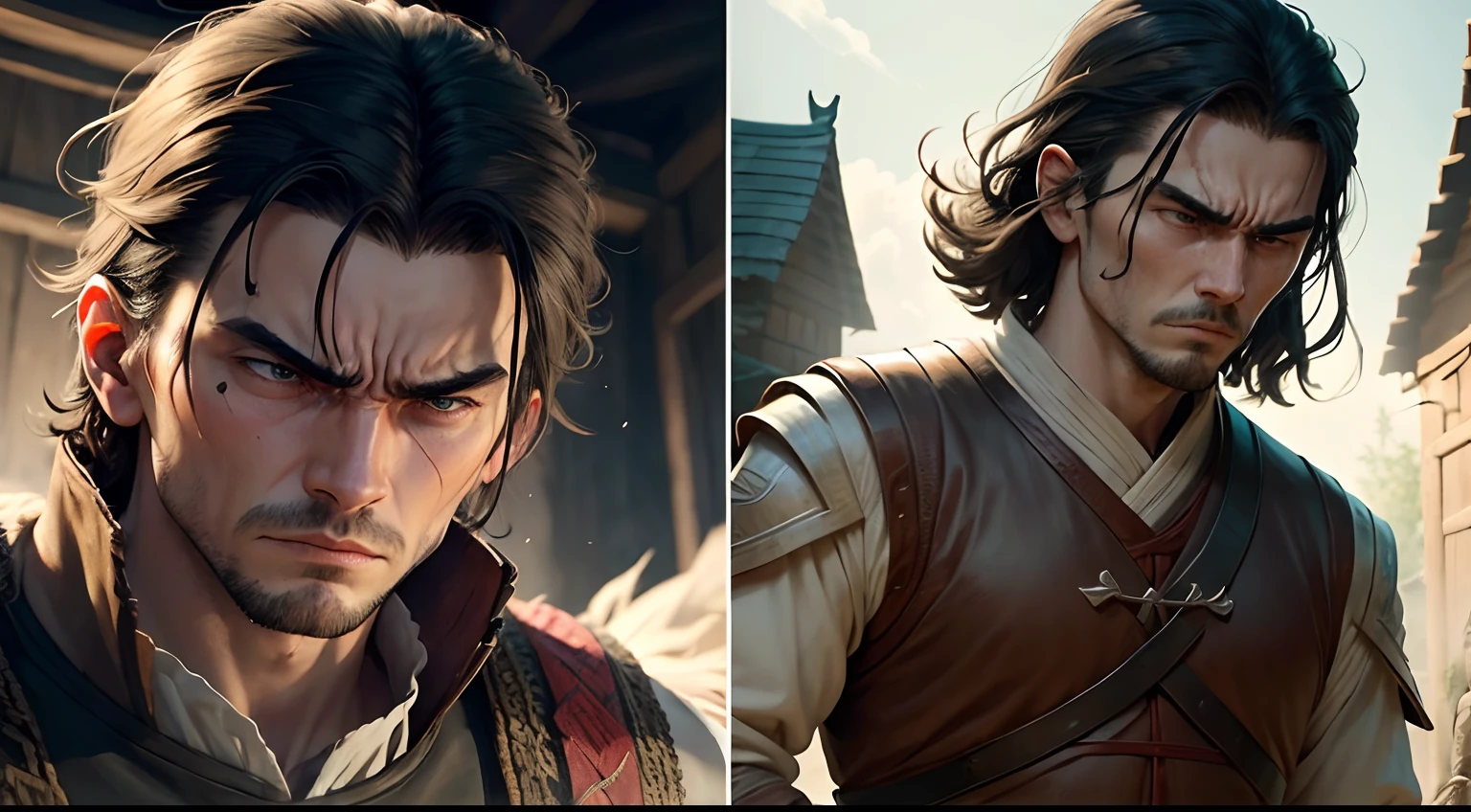 Kieran, with a furrowed brow, struggling to control his anger as he faces a challenging situation in the village, contrasting with his later composed and tranquil demeanor after his time with Master Lao.