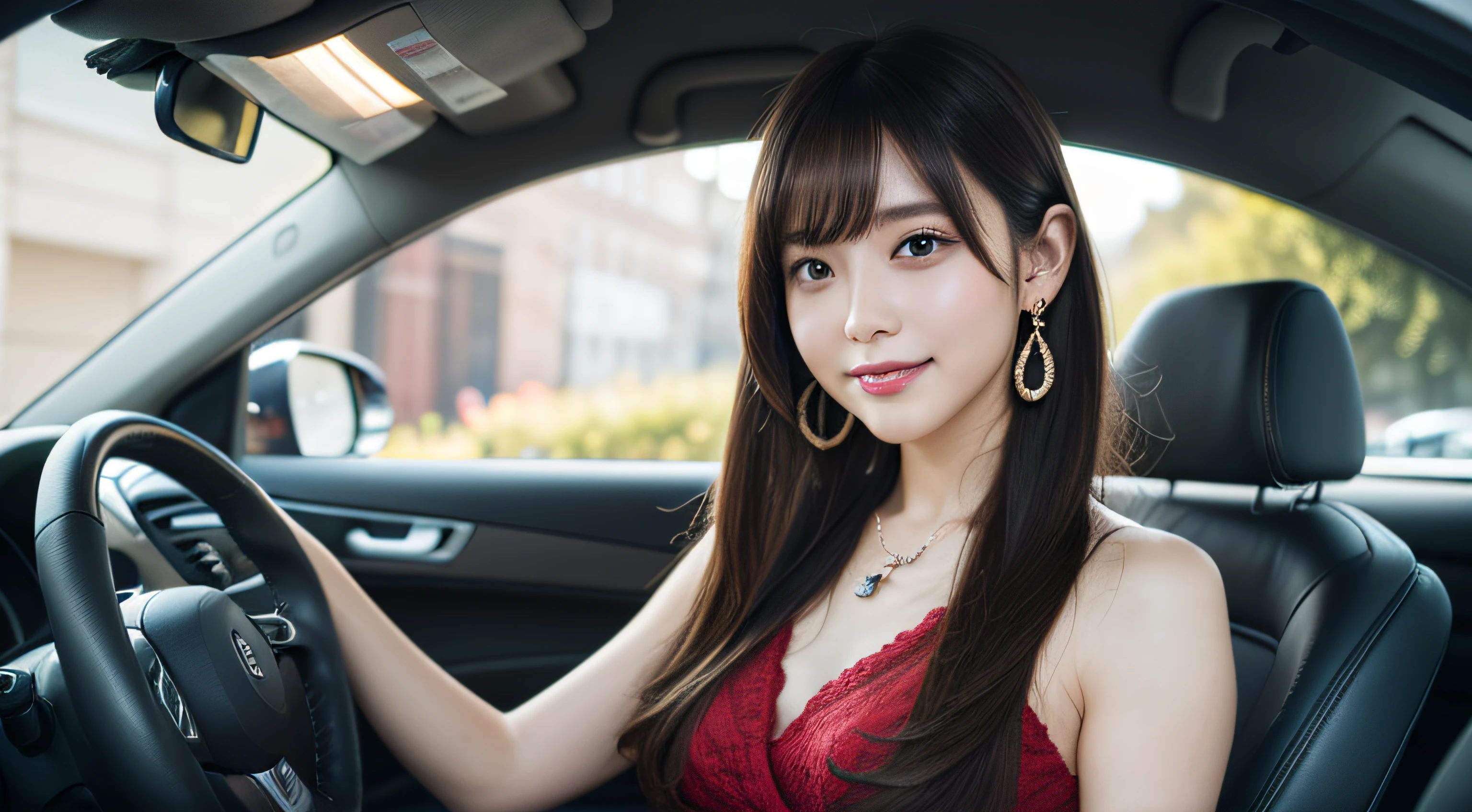 Best Quality, masutepiece, High resolution, 1girl in, Beautiful face, slenderbody、Hair Accessories, Smiling, closes mouth, Beautiful lips, Dress, Hair Accessories, Necklaces, Jewelry, Long hair, earrings, Beautiful face, On the body, Tindall Effect, Realism, Drive a bright red convertible in the city、Behind the wheel, Edge lighting, Two-tone lighting, (High Detail Skin: 1.2), 8K UHD, Digital SLR, Soft light, High quality, Volumetric lighting, Photo, high-definition4K, 8K, Blurred background