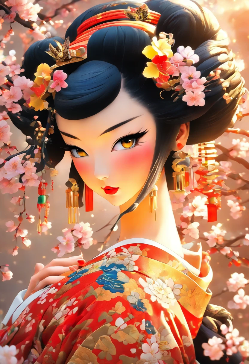 The most beautiful and sexy geisha goddess, rainbow colored hair, yellow eyes, wearing the most beautiful and highly detailed kimono, tons of tattoos and piercings, cherry blossoms and butterflies blowing in the wind, highly detailed background, perfect masterpiece, high quality, high resolution