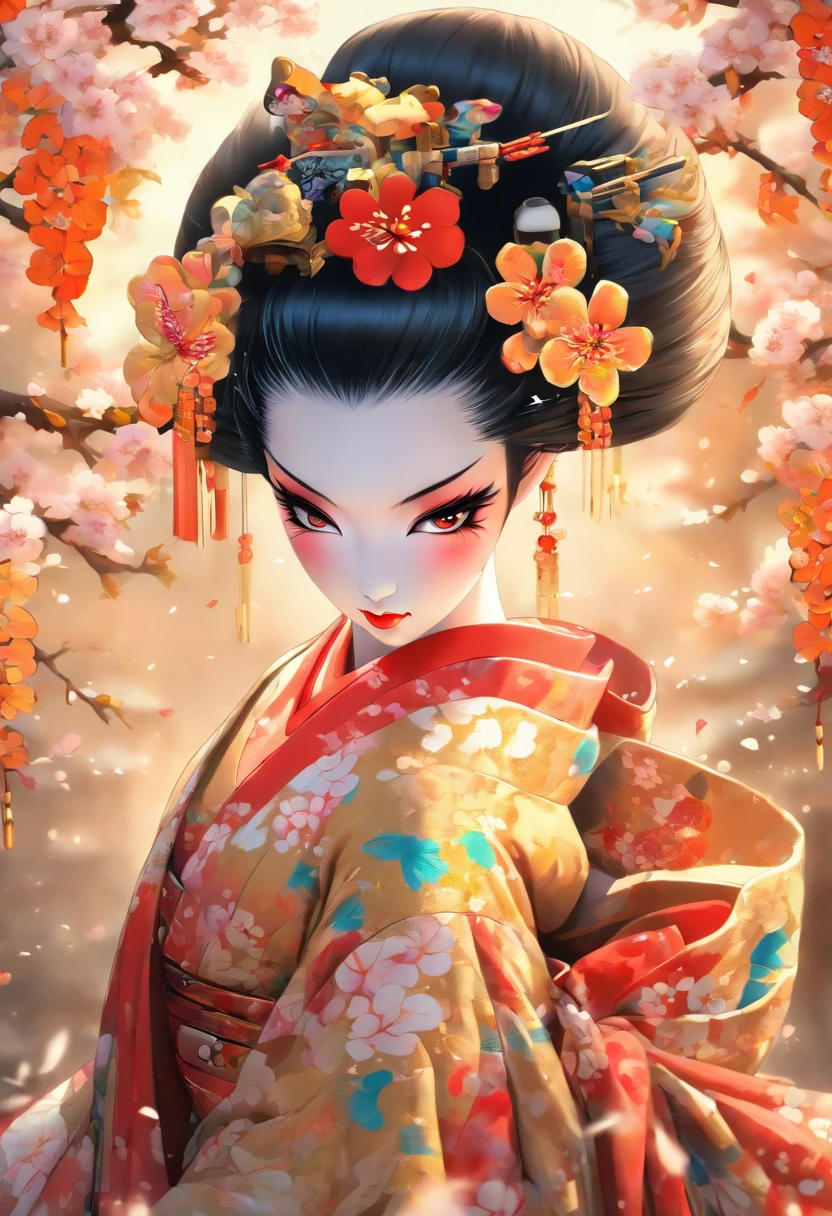 The most beautiful and sexy geisha goddess, black hair, yellow eyes, wearing the most beautiful and highly detailed kimono, tons of tattoos and piercings, cherry blossoms and butterflies blowing in the wind, highly detailed background, perfect masterpiece, high quality, high resolution