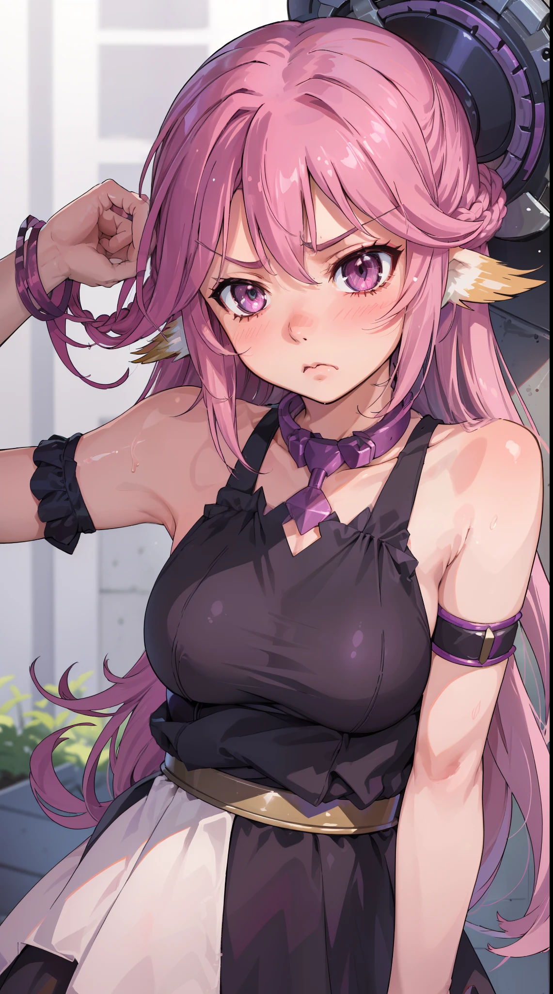 Jibril, ((upper body)), blushed, perfect anatomy, detailed eyes, detailed lips, extremely detailed eyes and face, vivid colors, sharp focus, masterpiece:1.2, ultra-detailed, blushed, ((doggystyle)), (solo), ((dress)), sleeveless, ((((random hairstyle)))), (((disdain, disgust))), (black collar, enslaved)