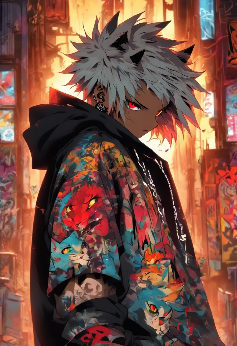 A cool and trendy cat, platinum hair, red eyes, wearing trendy hip hop clothing, wearing a hoodie, graphic t-shirt and torn jeans, tons of tattoos and piercings, graffiti style background, highly detailed background, perfect masterpiece, high quality, high resolution