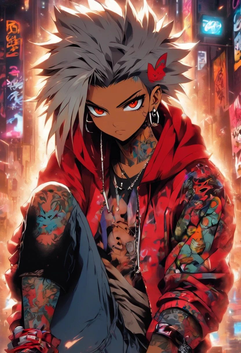 A cool and trendy cat, platinum hair, red eyes, wearing trendy hip hop clothing, wearing a hoodie, graphic t-shirt and torn jeans, tons of tattoos and piercings, graffiti style background, highly detailed background, perfect masterpiece, high quality, high resolution