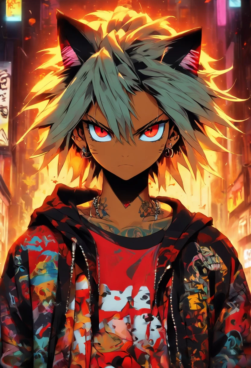 A cool and trendy cat, platinum hair, red eyes, wearing trendy hip hop clothing, wearing a hoodie, graphic t-shirt and torn jeans, tons of tattoos and piercings, graffiti style background, highly detailed background, perfect masterpiece, high quality, high resolution