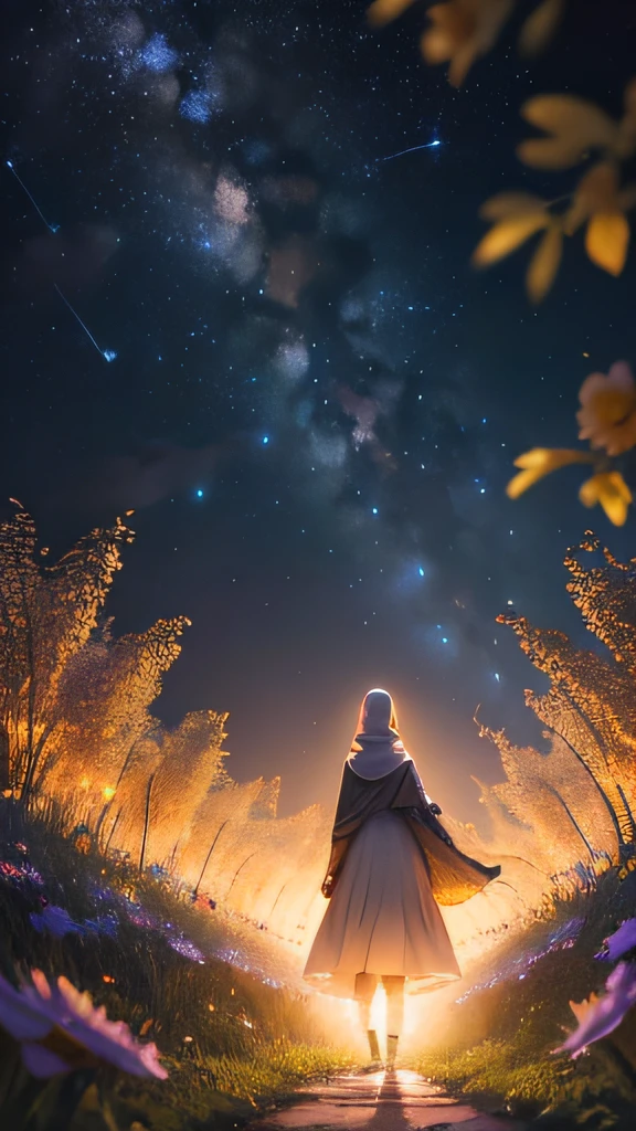 View from below with a view of the sky and street below, muslim girl standing in a field of higland flowers looking up, beautiful field of flower, Sparkling lighting, Atmospheric Illumination, detailed hijab, million of stars, A shooting star visible from the position of the head flowed into the night sky.、The area is pitch dark、In the darkness、masutepiece、realisitic, detailed background, beautiful fireflies, milky way