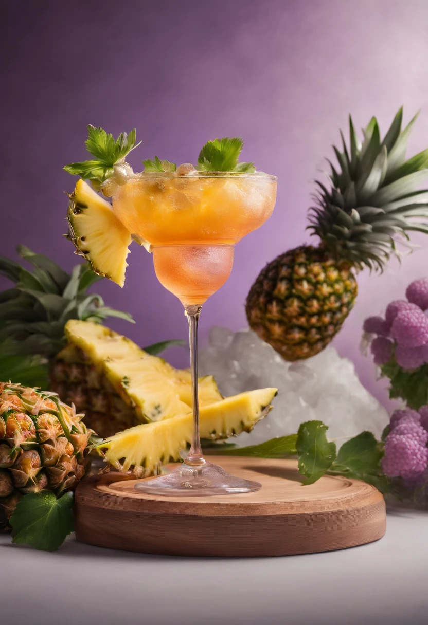 a cocktail, have pineapple next to grape, cinematic, professional photography, studio lighting, studio background, advertising photography, intricate details, hyper-detailed, ultra realistic, 8K UHD